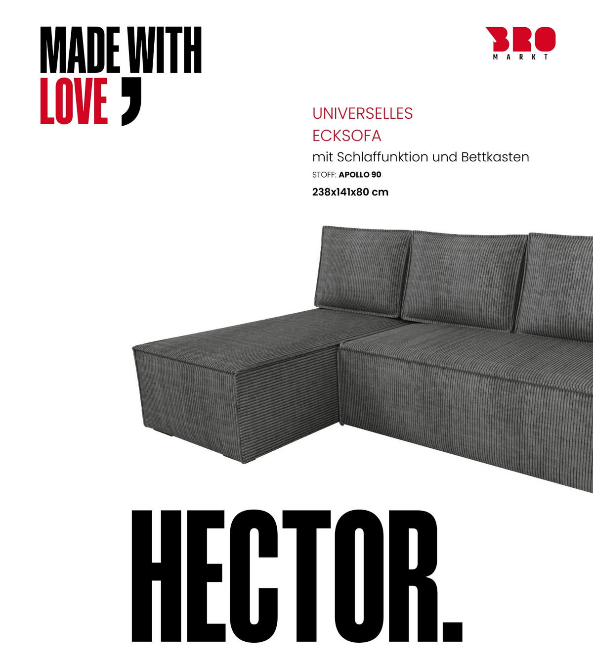 ECKSOFA Hector mit Schlaffunktion Grau Cord - Dunkelgrau, Textil (200/141cm) - Bromarkt