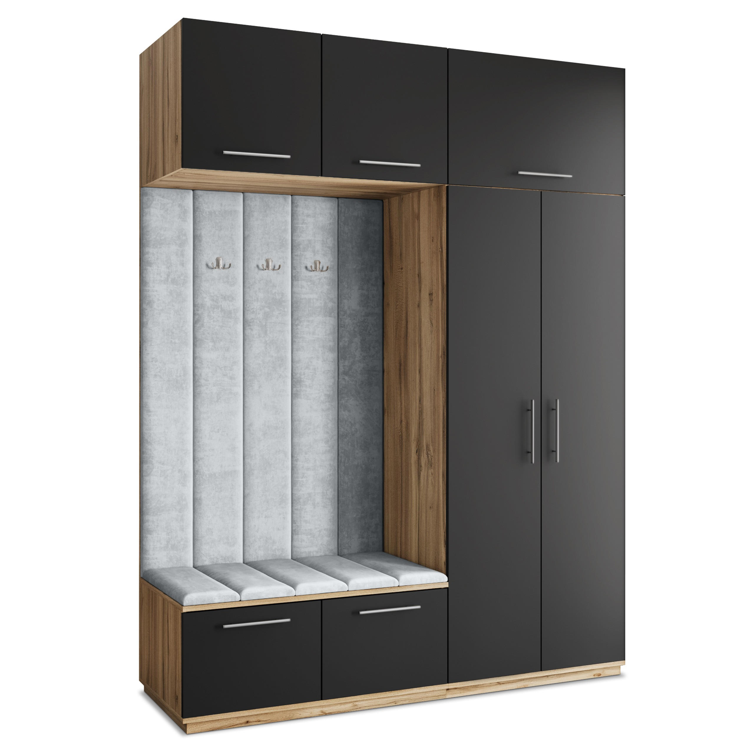 Masseno Garderobenschrank Eiche Wotan, Schwarz, Hellgrau 180x240x60 cm