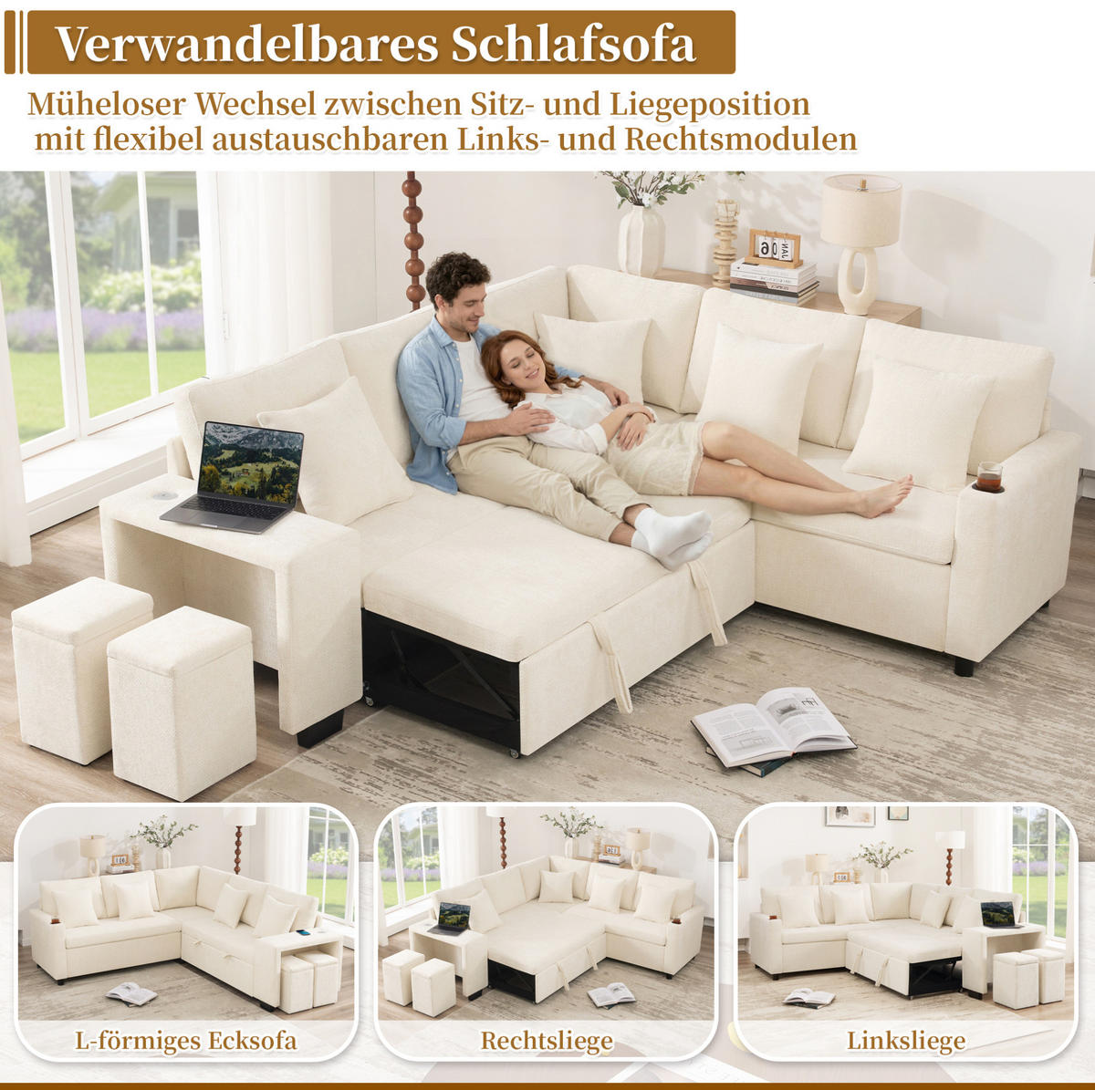ECKSOFA 220/205/86,5 cm beige aus Chenille mit Schlaffunktion - Beige, Textil (205/220cm) - OKWISH