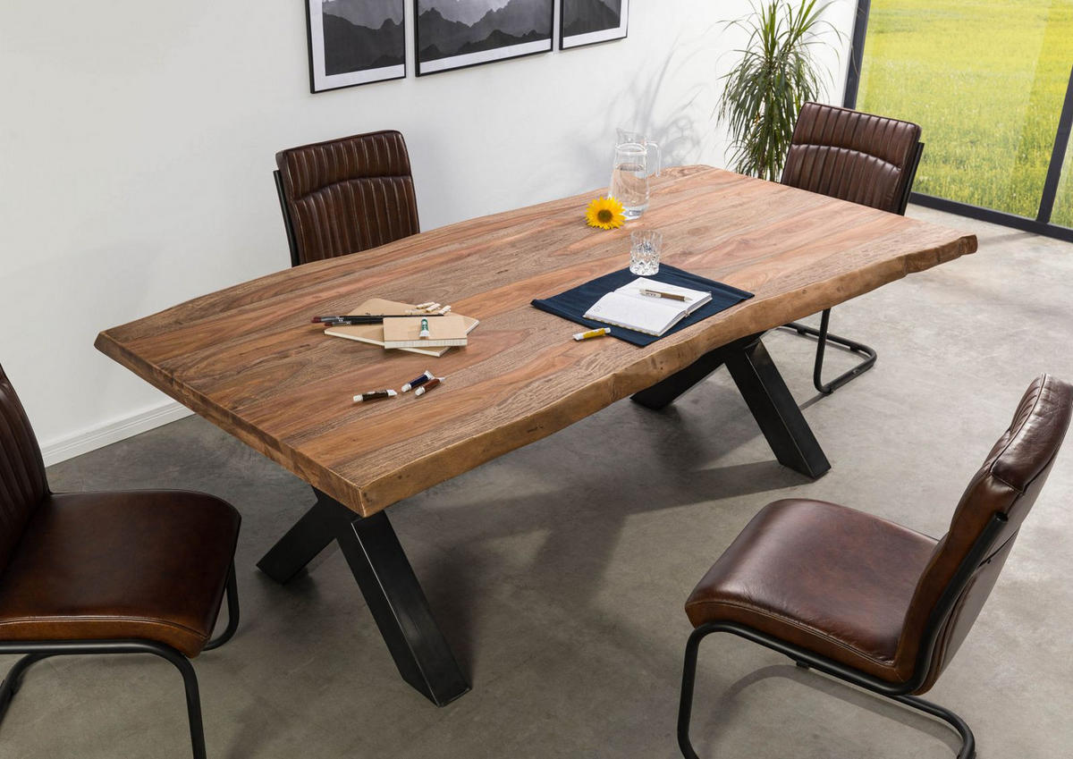 BAUMTISCH Sheesham 240x100x77 grau gebeizt / X-Beine anthrazit glänzend FREEFORM 5 - Grau, Holz (240/100/77cm) - Massivmoebel24