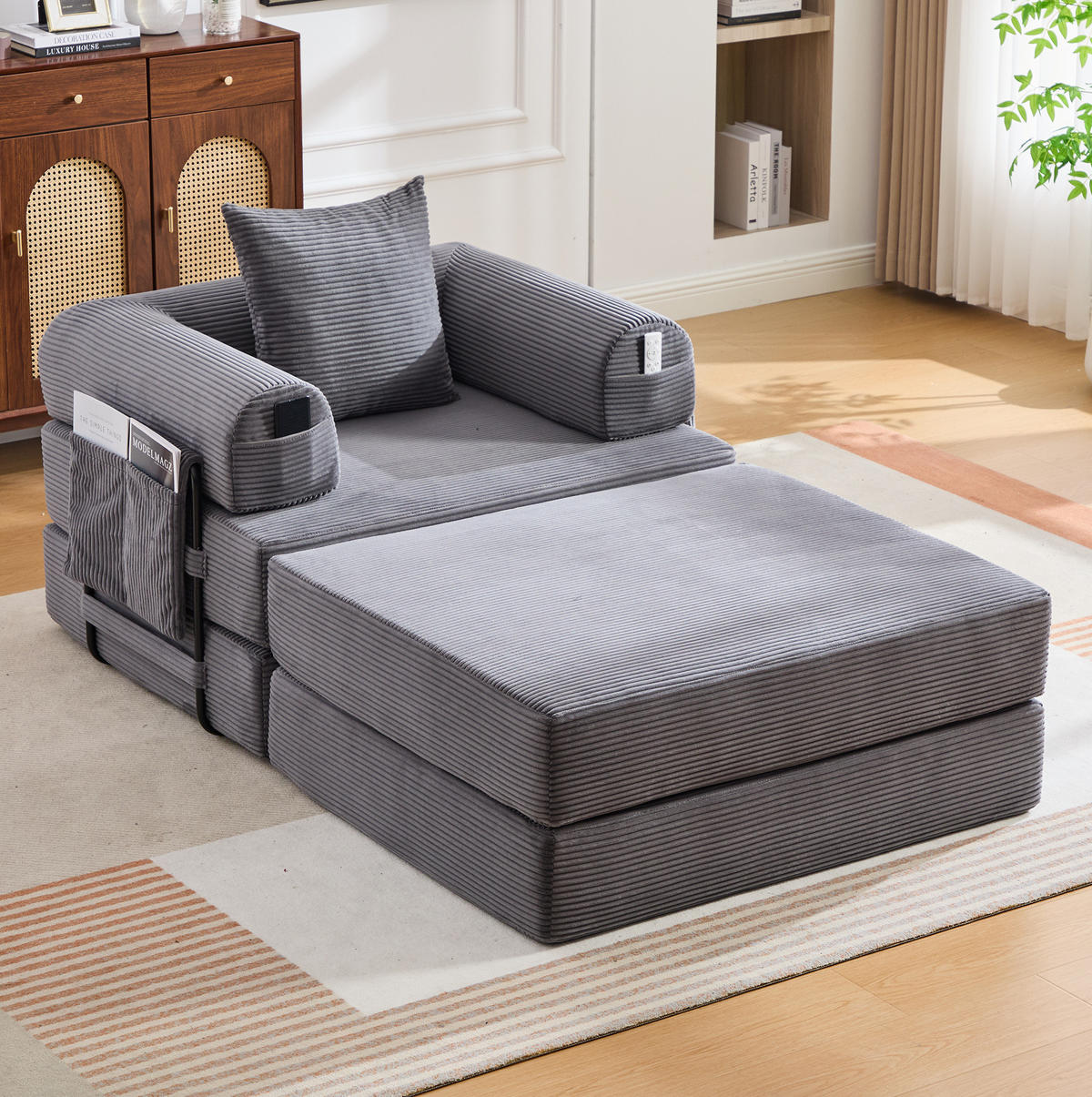 SESSEL mit Hocker 112/190/67 cm aus Cord, ergonomisch mit Seitentasche und Kissen, Dunkelgrau - Dunkelgrau, Textil (190/67/112cm) - Redom