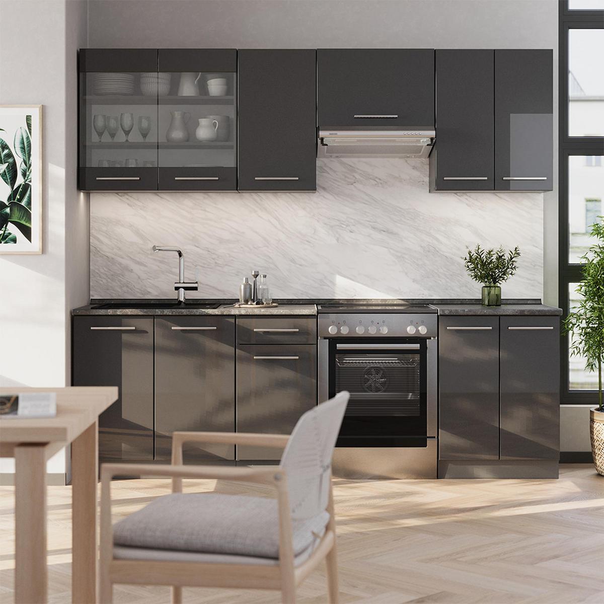 KUCHYŇSKÝ KOUT Fame-Line Antracitový vysoký lesk - antracitová/vysoce lesklá černá, kompozitní dřevo (240/81.6/60cm) - Vicco