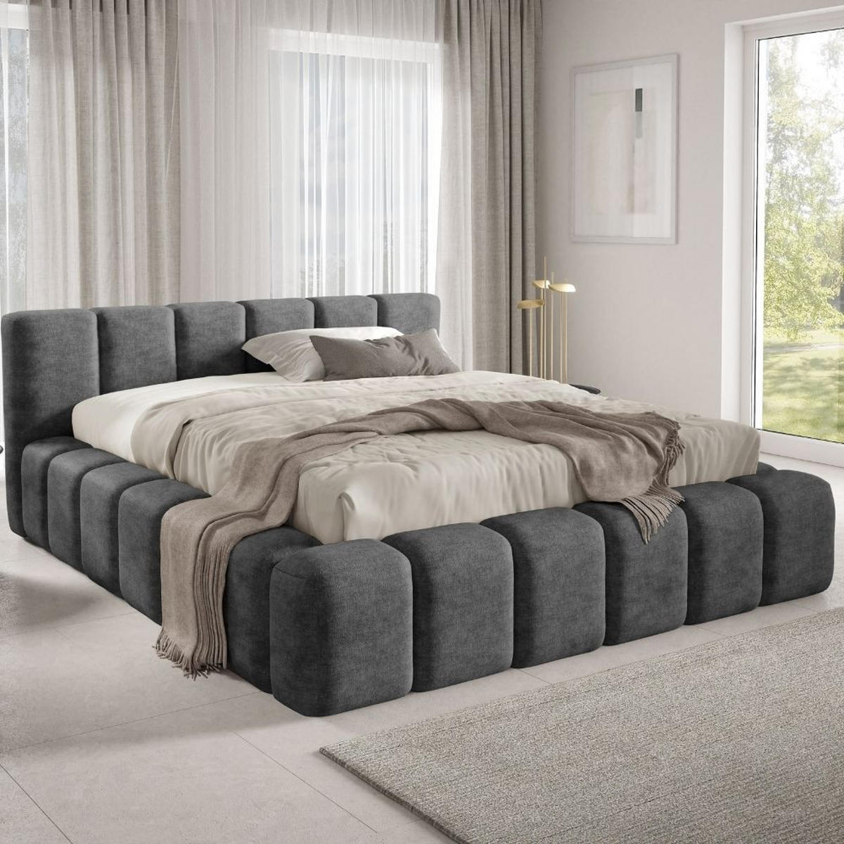 POLSTERBETT KALLA Premium 160x200 cm mit Bettkasten – PERFECT HARMONY 90 - Dunkelgrau, Holz - Dekori_Interiors