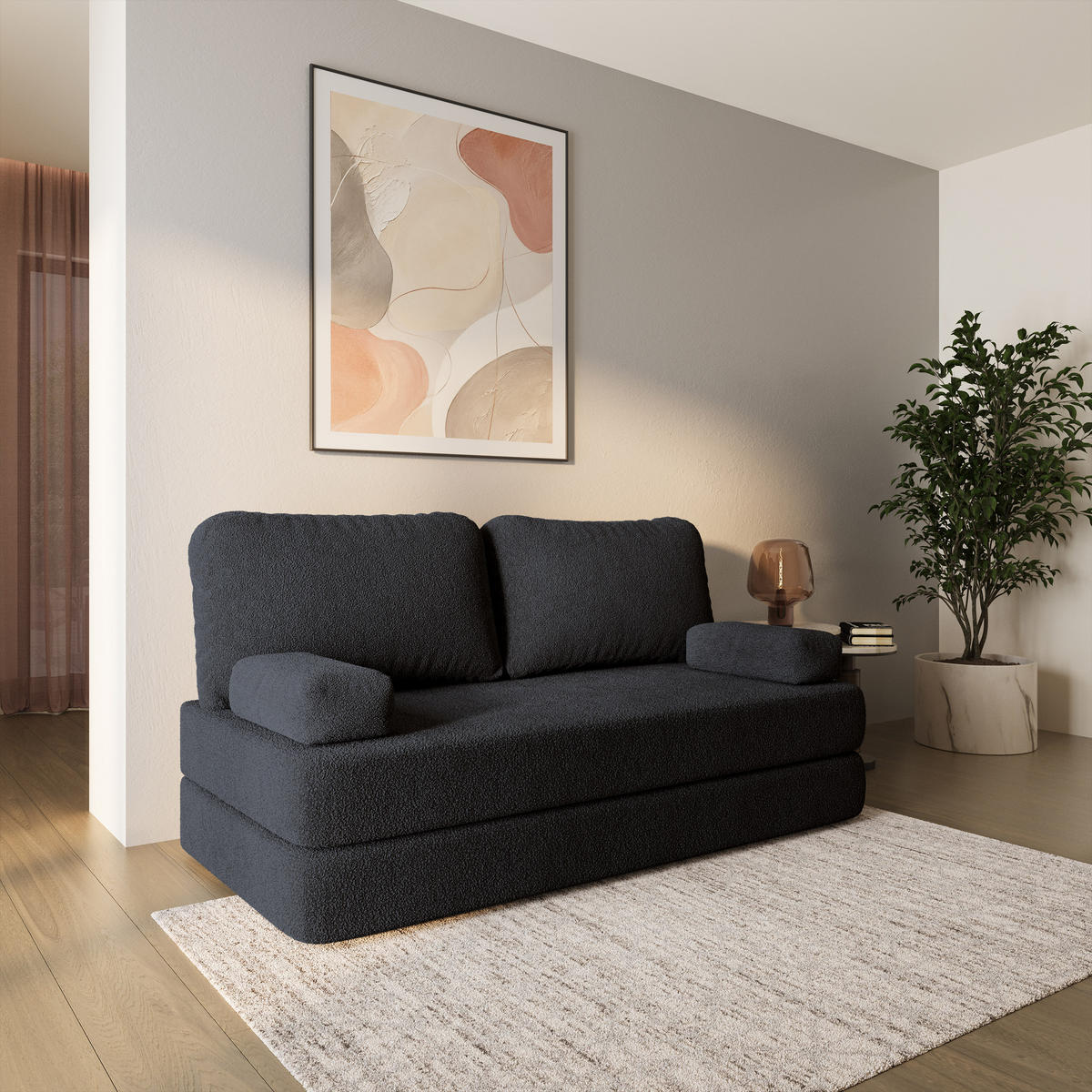 BETTSOFA NIKSI aus Schaumstoff Bucle-Stoff Schwarz Schlaffunktion - Schwarz, Textil (170/86/80cm) - MASSENO