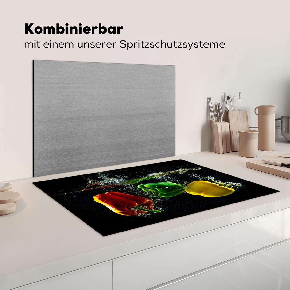 HERDABDECKPLATTE Paprika - Gemüse - Wasser - Schwarz - Rot - Grün - Gelb Induktionsmatte 81x52 cm - Multicolor, Kunststoff (81/52/0.2cm) - MuchoWow