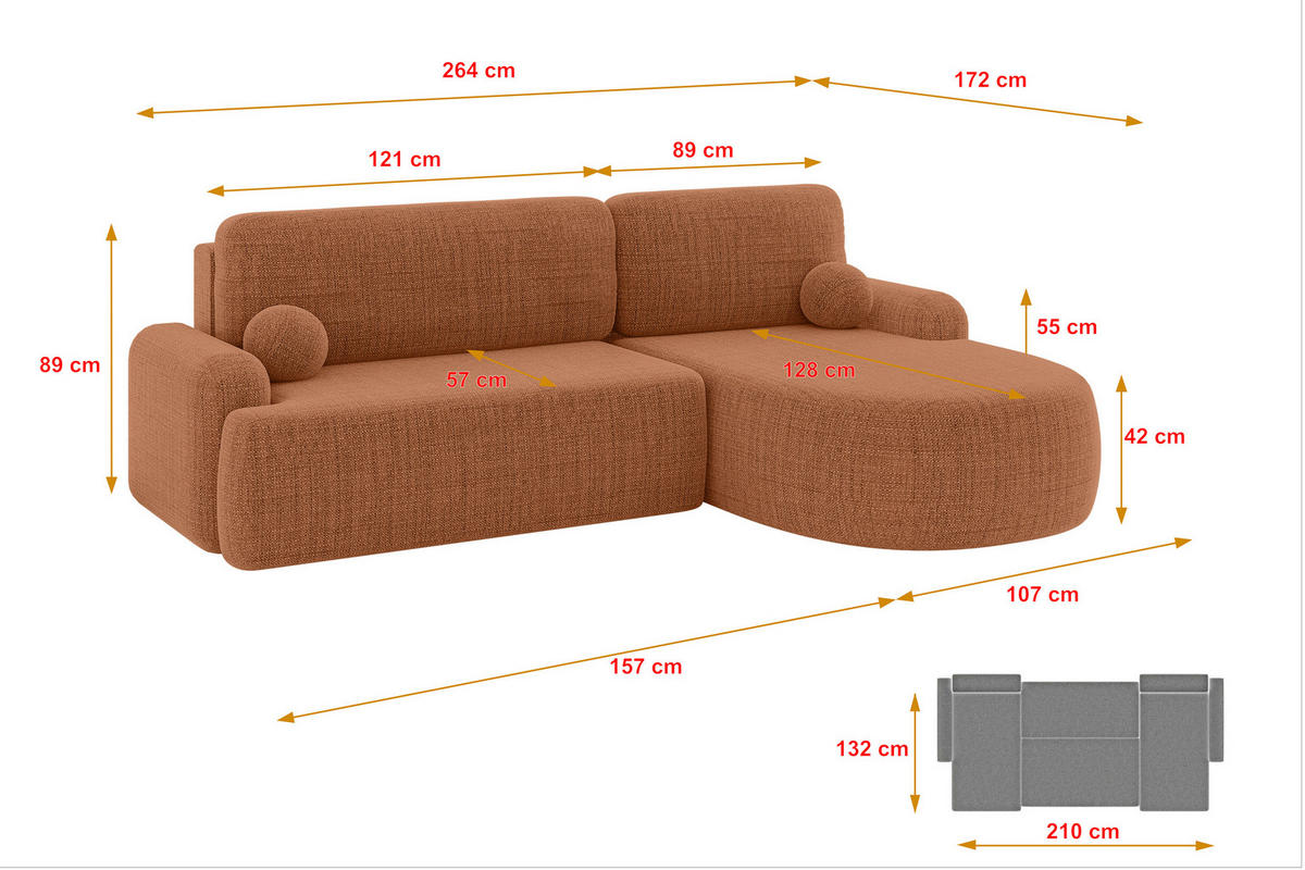 ECKSOFA mit Schlaffunktion und Bettkasten LIRA-L - 264x172x89 Apricot - Orange, Holzwerkstoff/Textil (172/264cm) - ALTDECOR