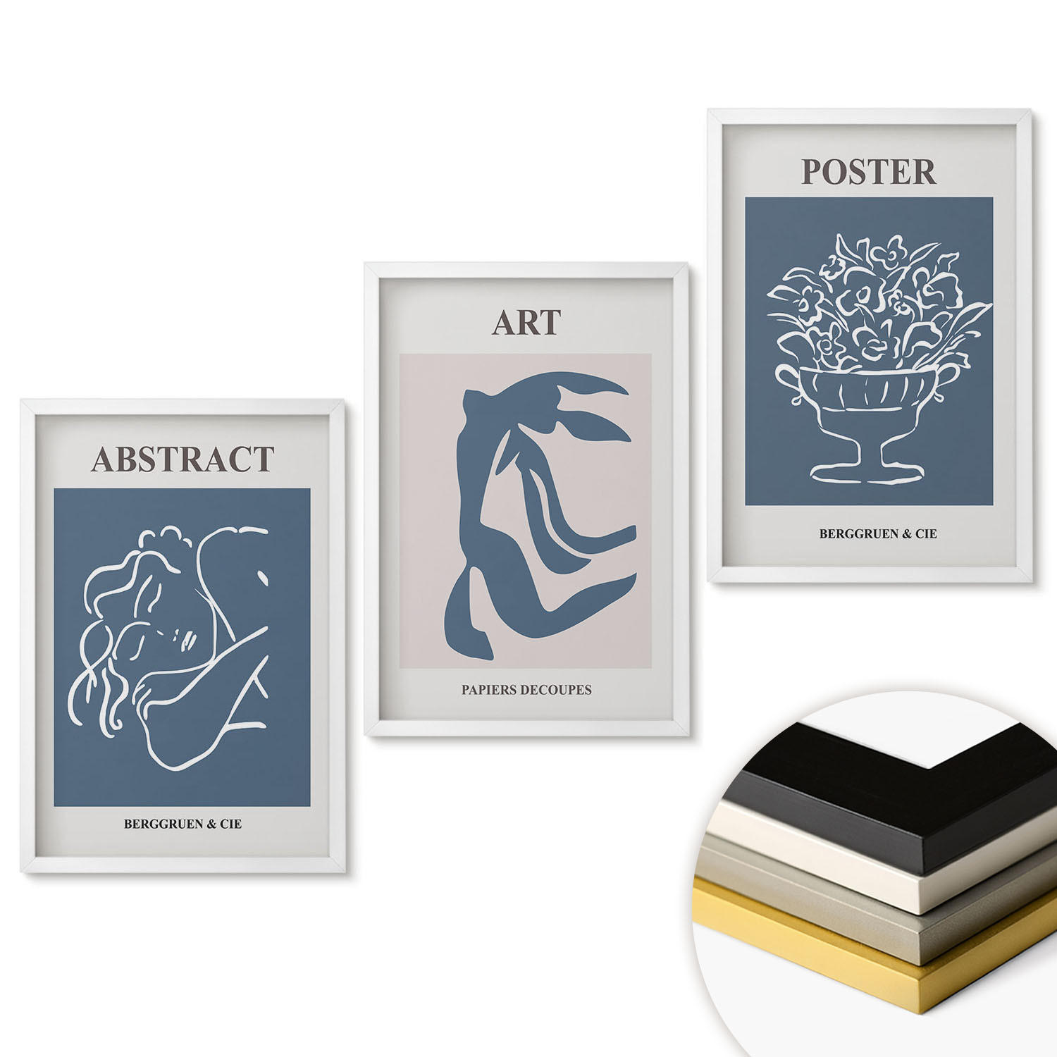 WANDBILDER 3er-Set - 40x60 cm Weißer Rahmen - Matisses stilvolle abstrakte Muster - Weiß, Kunststoff (40/60cm) - ArtPrintCave
