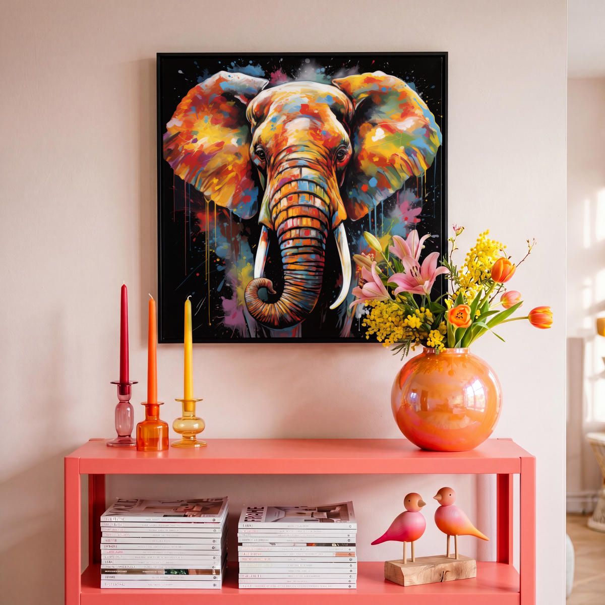 LEINWAND Bilder mit Rahmen - Elefant - Graffiti - Schwarz - Tiere - Farben - 50x50 - Schwarz, Textil (50/50cm) - MuchoWow