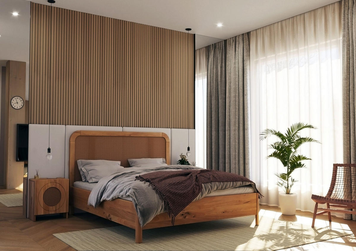 MASSIVHOLZBETT Harmark, Rattan - Kopfteil, Eiche - lackiert, Naturfarben, 140x200 - Eichefarben, Eichenholz/Holz (140/200cm) - Skandica