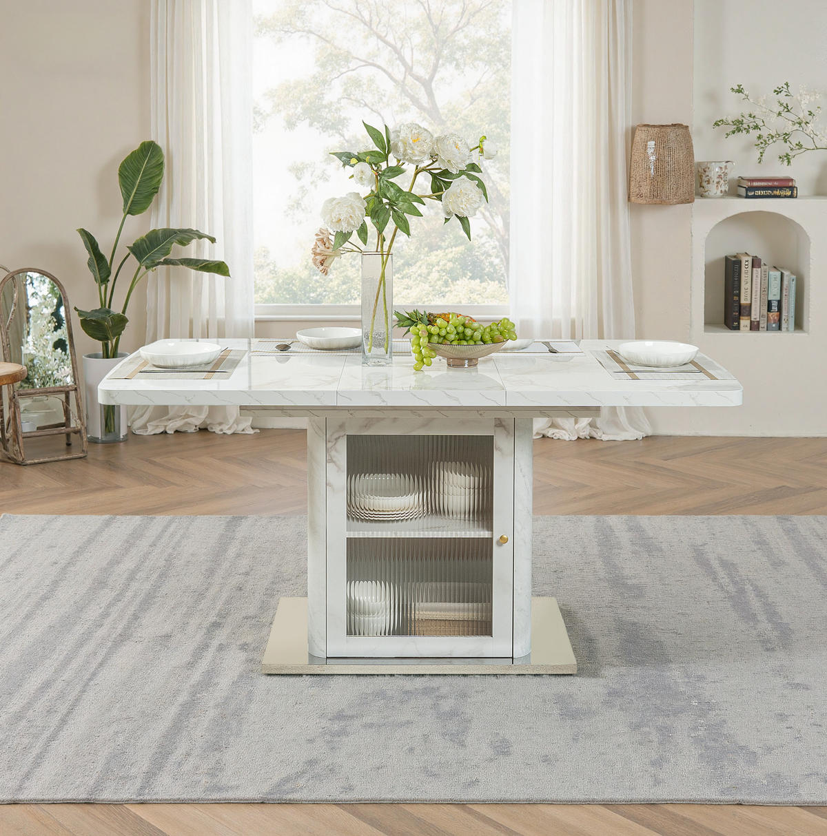 ESSTISCH 160/80/76 cm Weiß mit ausziehbarer Funktion und Stauraum - Weiß, Glas (160/80/76cm) - OKWISH