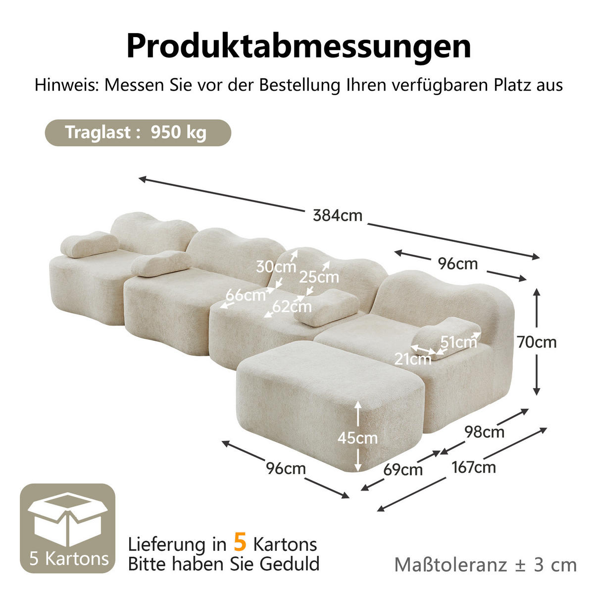 ECKSOFA 384/167/70 cm in Beige aus Samt mit Ottomane - Beige, Textil (167/384cm) - Flora Grace