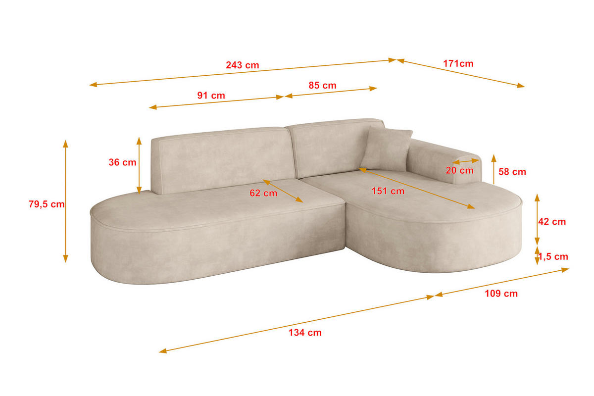 ECKSOFA Ottomane Rechts MARI-L1 - 243x171x79 cm Beige Velours - Beige/Schwarz, Holzwerkstoff/Kunststoff (171/243cm) - ALTDECOR