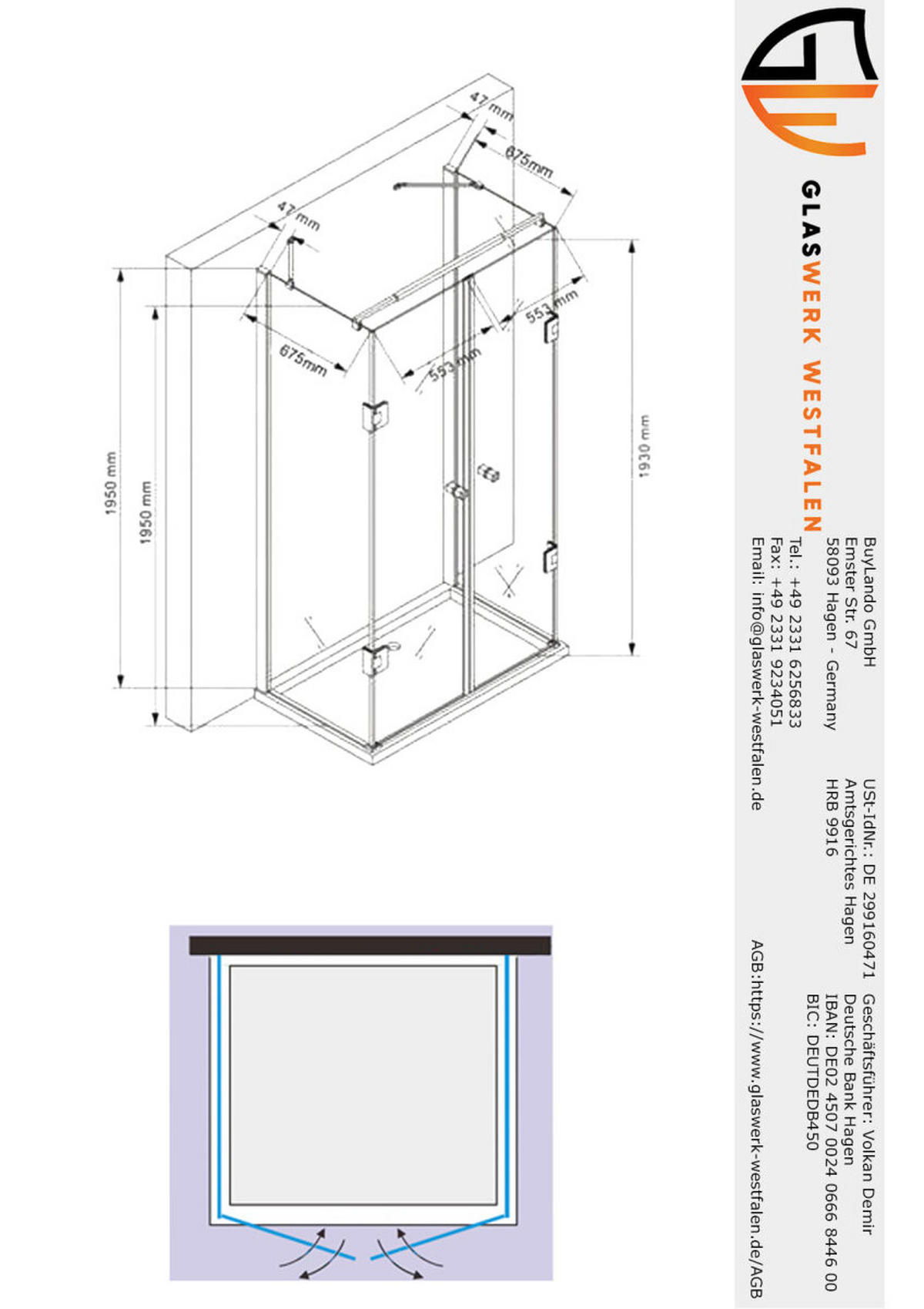 DUSCHKABINE Emma 75x120x75 x195 cm U-Form Schwarz - Schwarz, Glas (75/120/195cm) -  Glaswerk Westfalen