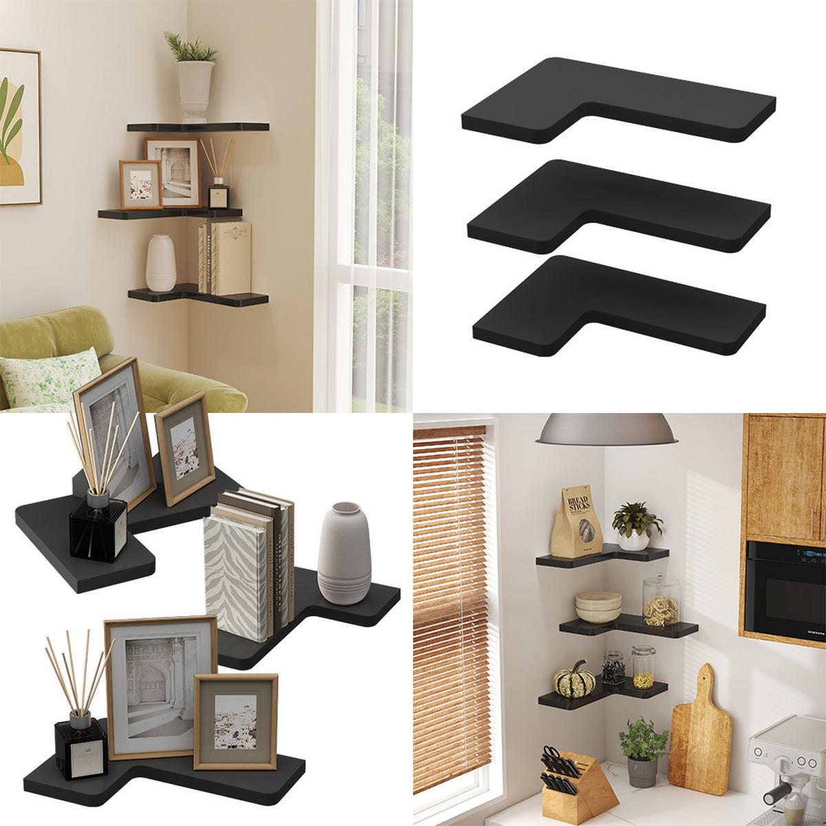 ECKREGAL Curva Schwarz 40.5 x 2.5 cm 3er Set - Schwarz, Holzwerkstoff (40.5/2.5/28.5cm) - Vicco