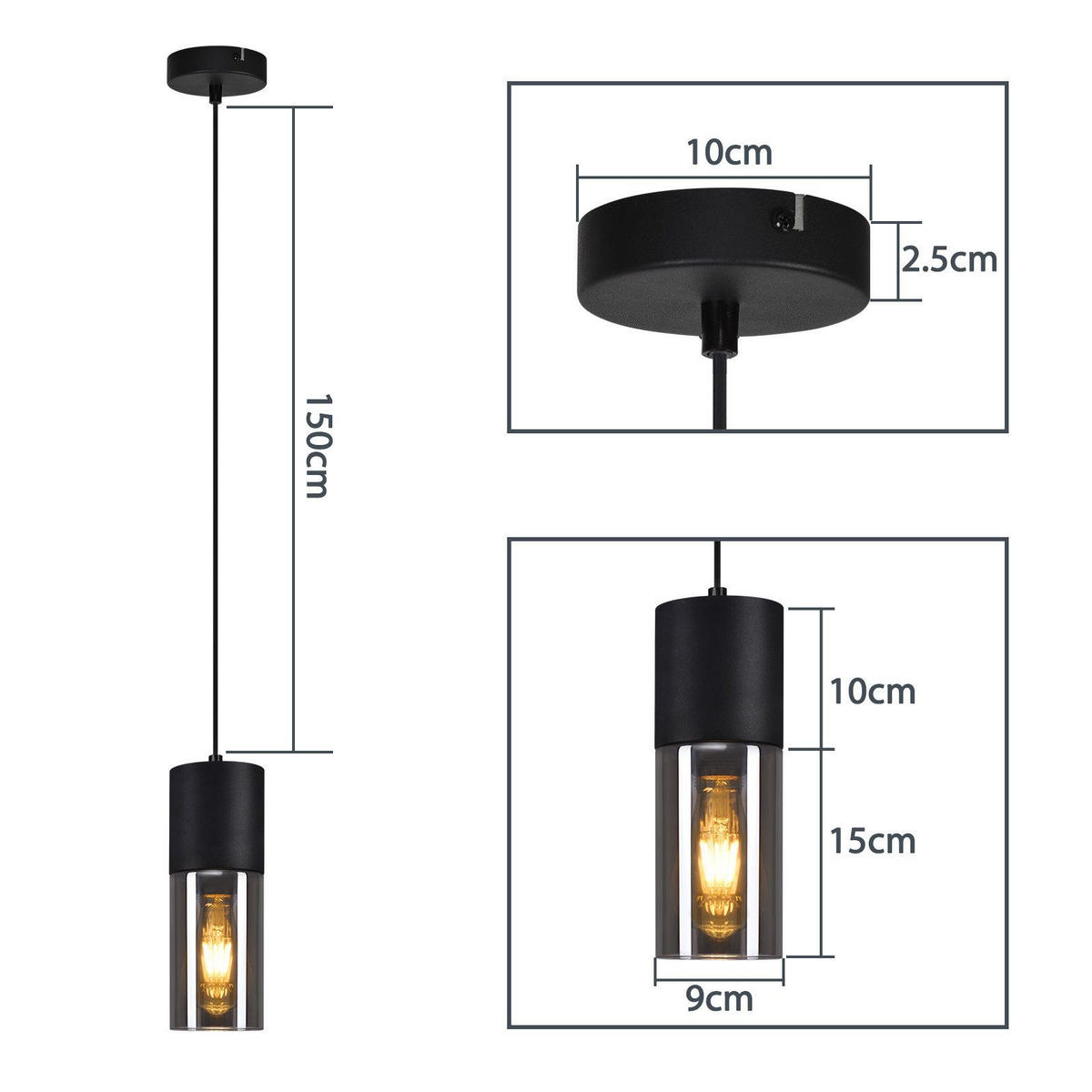 HÄNGELEUCHTE Elmar 1-flammig 10/10/150 cm - Schwarz, Metall (10/10/150cm) - Nettlife