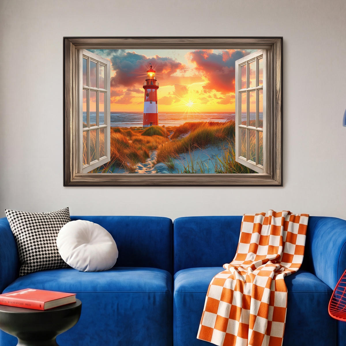 LEINWAND Bilder mit Rahmen - Aussicht - Fenster - Leuchtturm - Sonnenuntergang - Strand - 90x60 - Dunkelorange, Textil (90/60cm) - MuchoWow