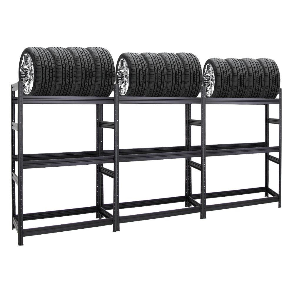 REIFENREGAL Dino 3er-Set mit 3x 180x120x50 cm Fachlast 150 kg bis zu 36 Reifen Schwarz - Schwarz, Metall (360/180/50cm) - PROREGAL