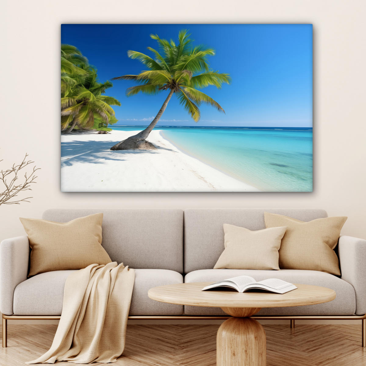 LEINWANDBILD Strand - Palme - Tropisch - Meer Wohnzimmer Groß 120x80 cm - Grün, Textil (120/80cm) - MuchoWow