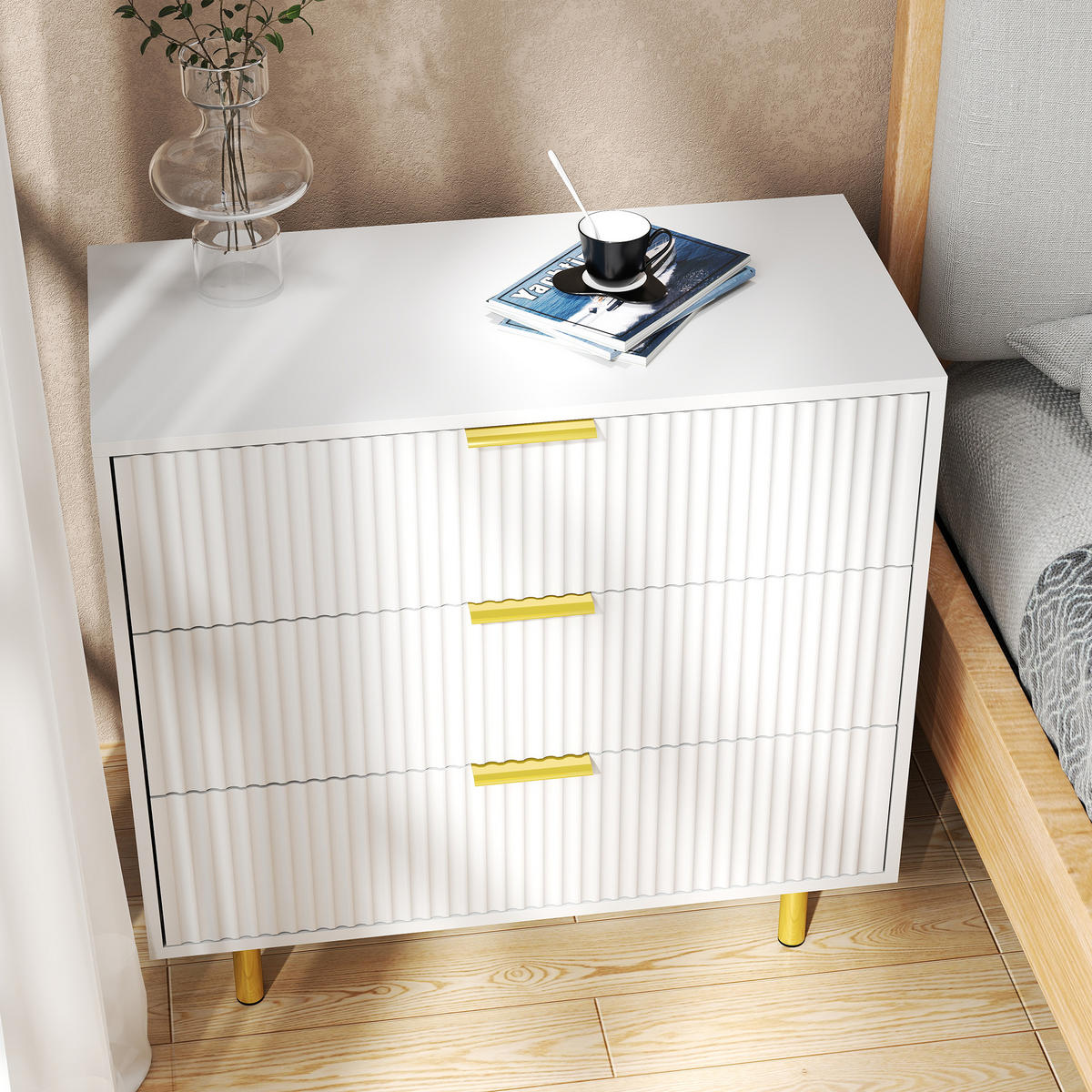 SIDEBOARD in Weiß Kommode mit 3 Schubladen und modernem Design für Wohnzimmer, B80/T40/H72cm - Goldfarben/Weiß, Holzwerkstoff/Metall (80/72/40cm) - STILVORA