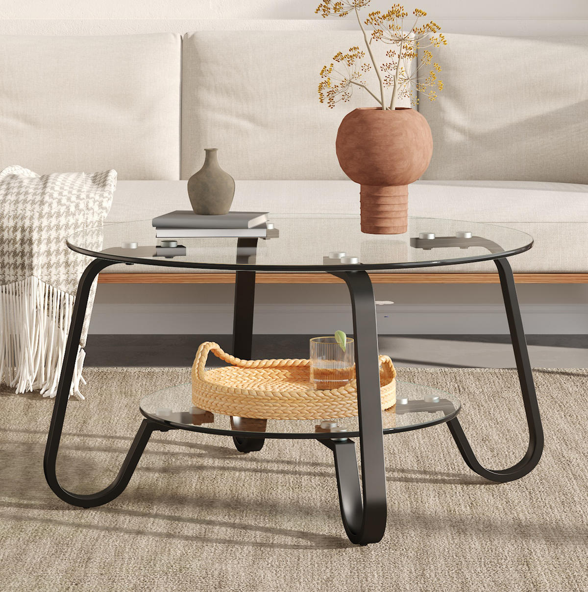COUCHTISCH 80/80/45 cm rund mit 2 Glasablagen und Metallgestell im Industrial-Stil, Schwarz - Schwarz, Metall (80/80/45cm) - Redom
