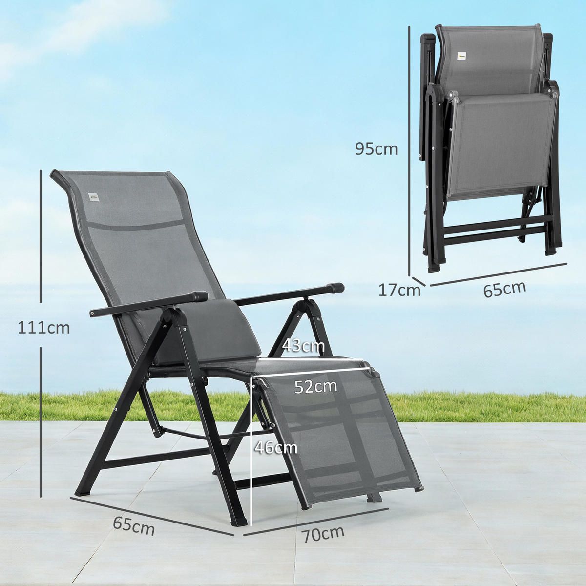 GARTENLIEGE 1 Position verstellbar Textilene Stahl Schwarz+Grau 70 x 65 x 111 cm - Grau, Kunststoff (65/111/70cm) - Outsunny