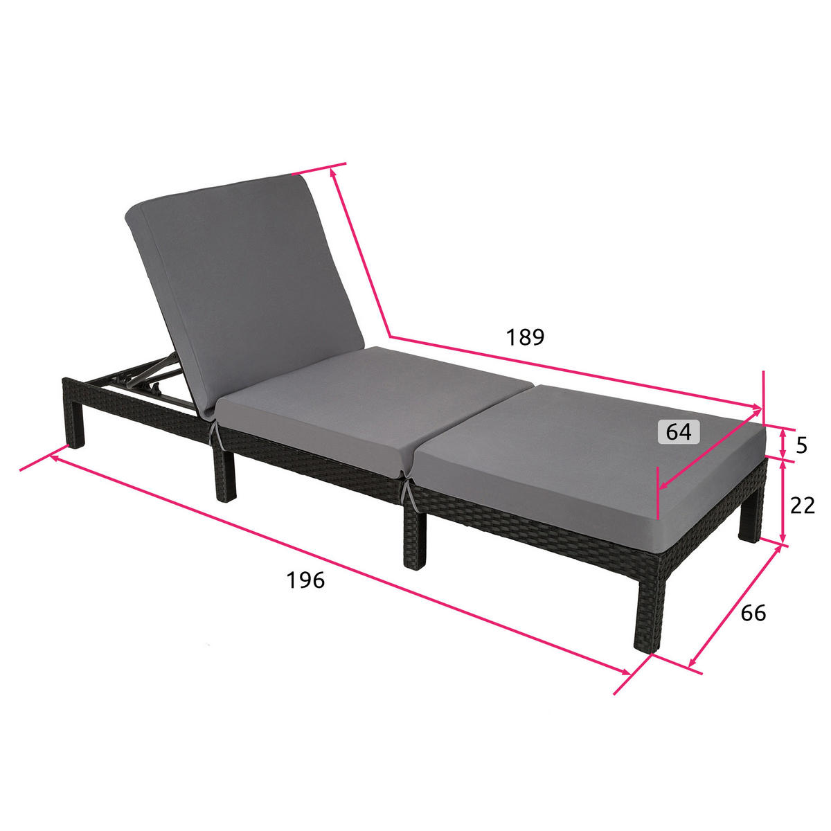RATTAN-SONNENLIEGE Sofia, 196 x 66 x 27 cm, schwarz - Schwarz, Kunststoff (66/27/196cm) - tectake