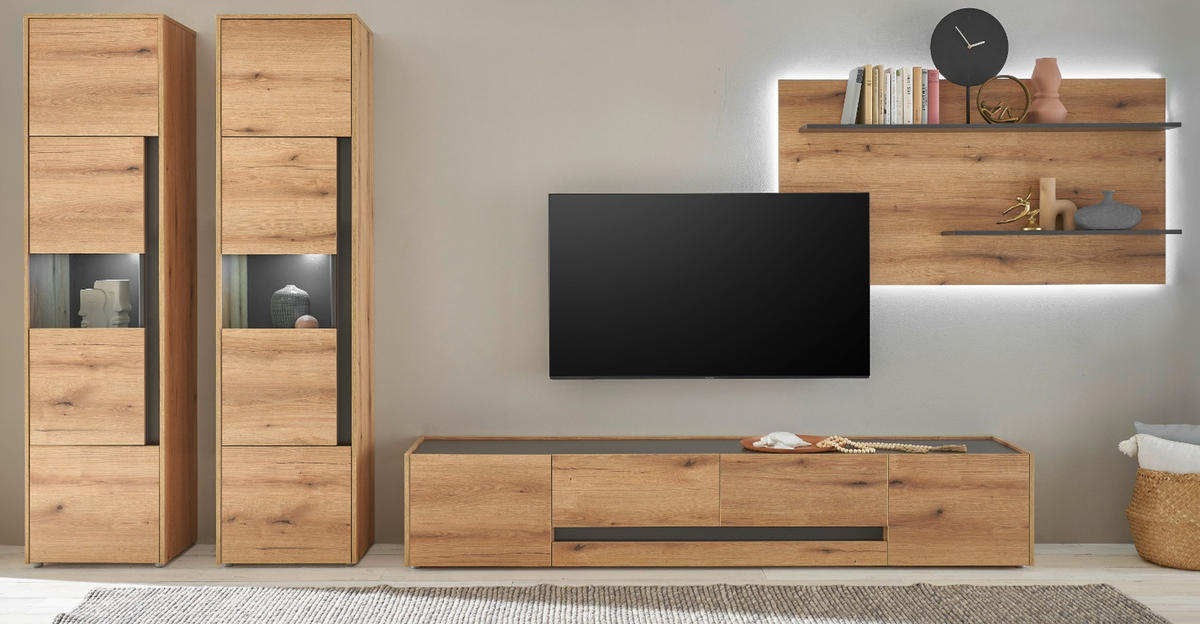 WOHNWAND Evoke Eiche, grau, Wohnkombination Set 4-teilig mit XL-TV-Schrank 400 cm - Eichefarben/Grau, Glas/Holz (400/197/45cm) - Furn.Design