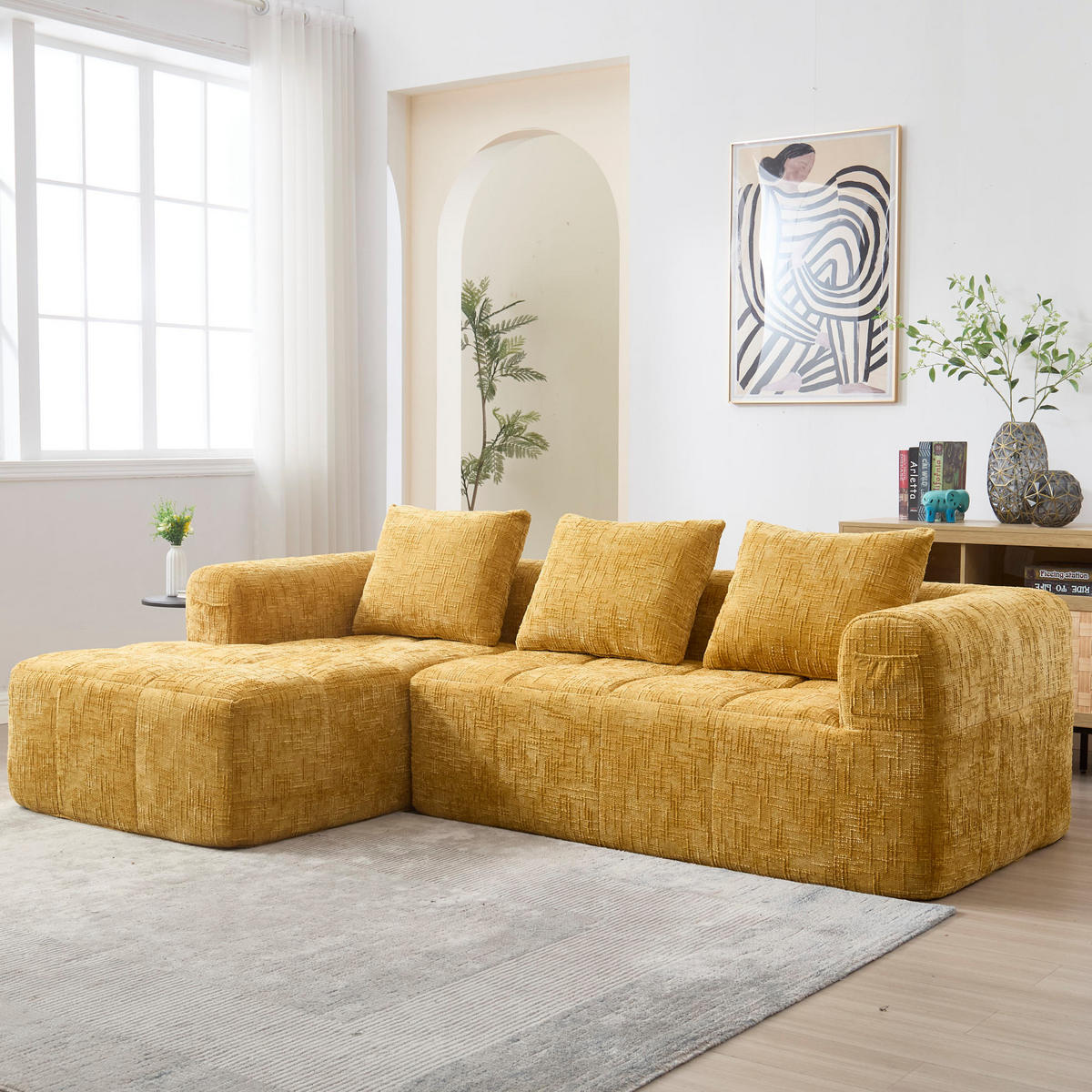 ECKSOFA 250/158/60 cm gelb aus Chenille mit Chaiselongue und Seitentaschen - Gelb, Textil (250/158cm) - OKWISH