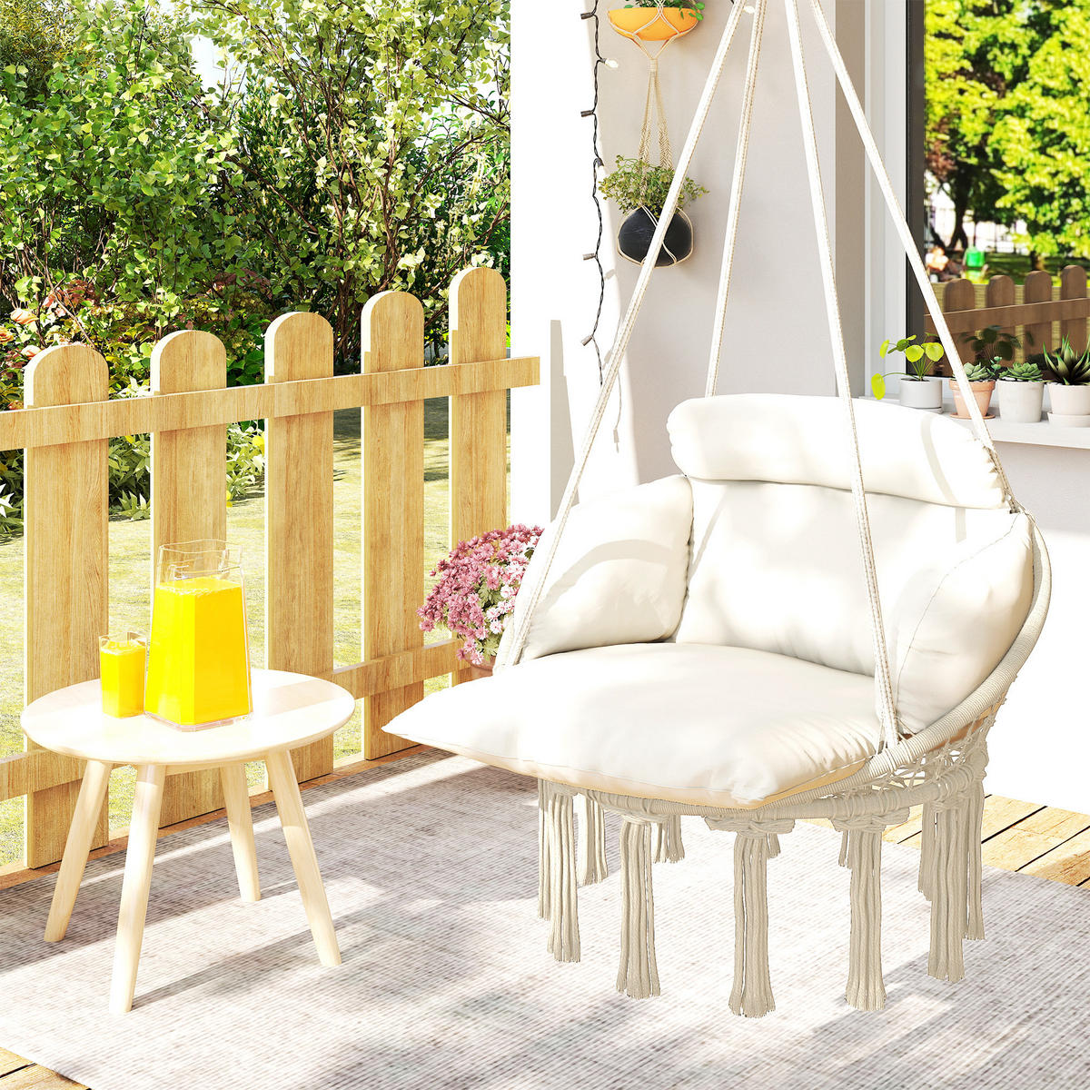 HÄNGESESSEL DE-15295 80/60/40 cm mit großem Polster und Fransen Creme - Creme, Metall (60/40/80cm) - ComfortXL