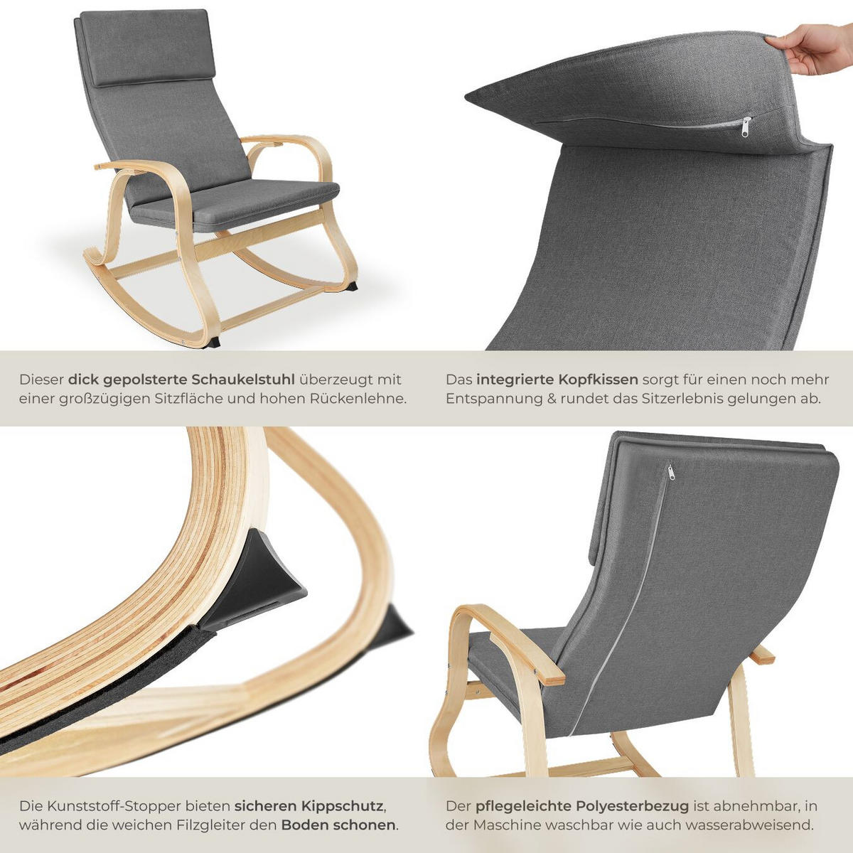 SCHAUKELSTUHL Roca,65 x 94 x 100 cm,hellgrau - Hellgrau, Holz (65/100/94cm) - tectake