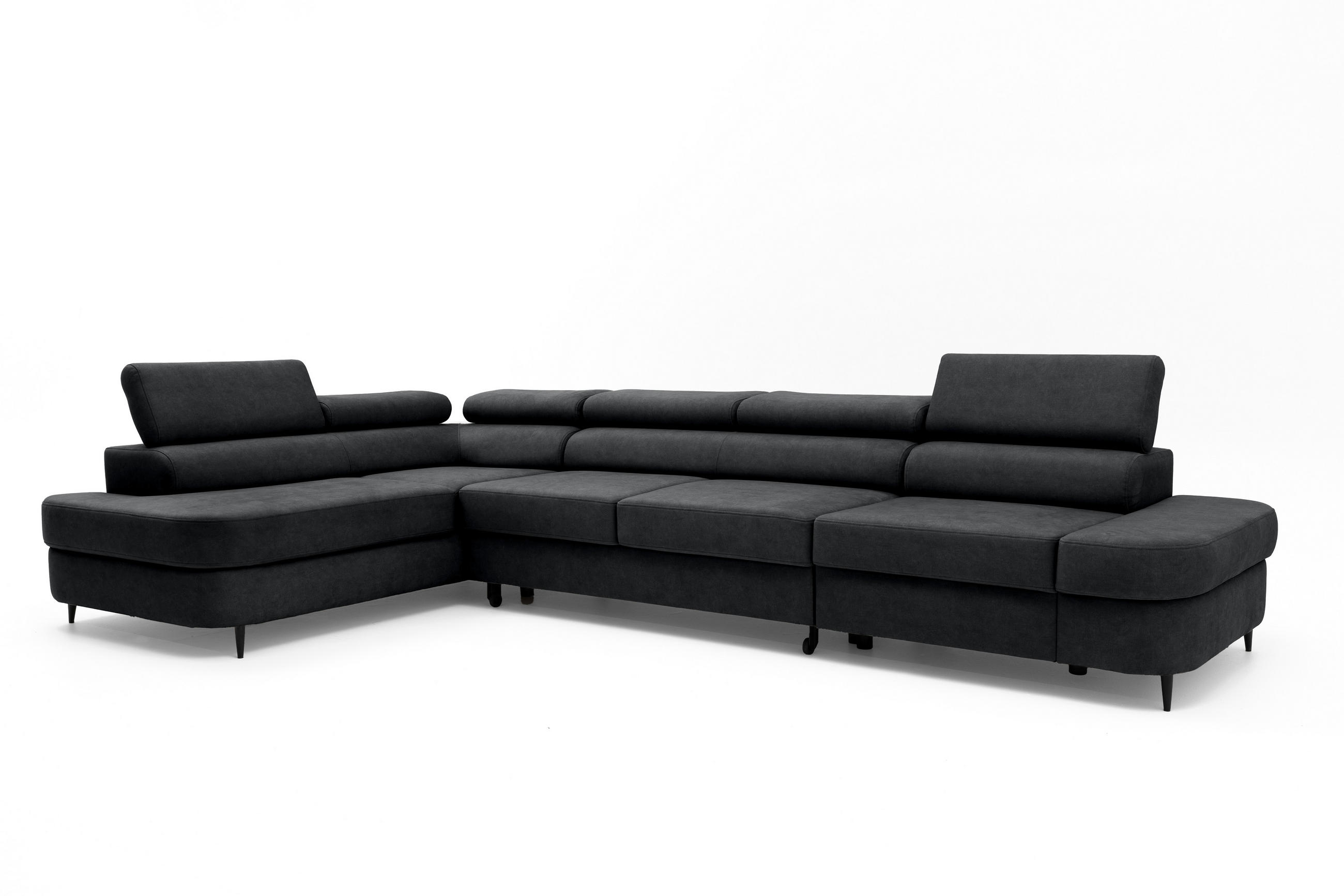 ECKSOFA PRIAM MAXI L-Form mit Schlaffunktion & Bettkasten, 6-Sitzer, 350cm, Verstellbare Kopfstützen, Ottomane Links - Anthrazit, Holz/Textil (350/203cm) - Muffo