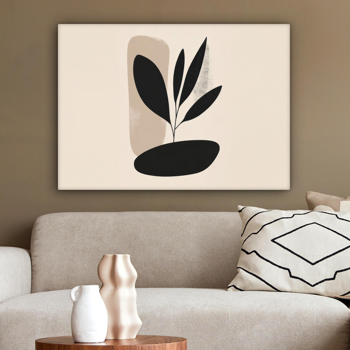 LEINWANDBILD Pflanze - Beige - Japanisch Wandbilder 80x60 cm - Schwarz, Textil (80/60cm) - MuchoWow