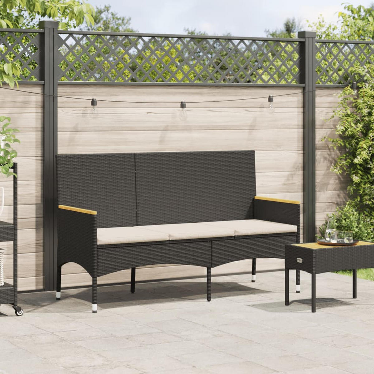 GARTENBANK 3-Sitzer mit Kissen Schwarz Poly Rattan - Schwarz, Kunststoff (140/85/54cm) - furnicato