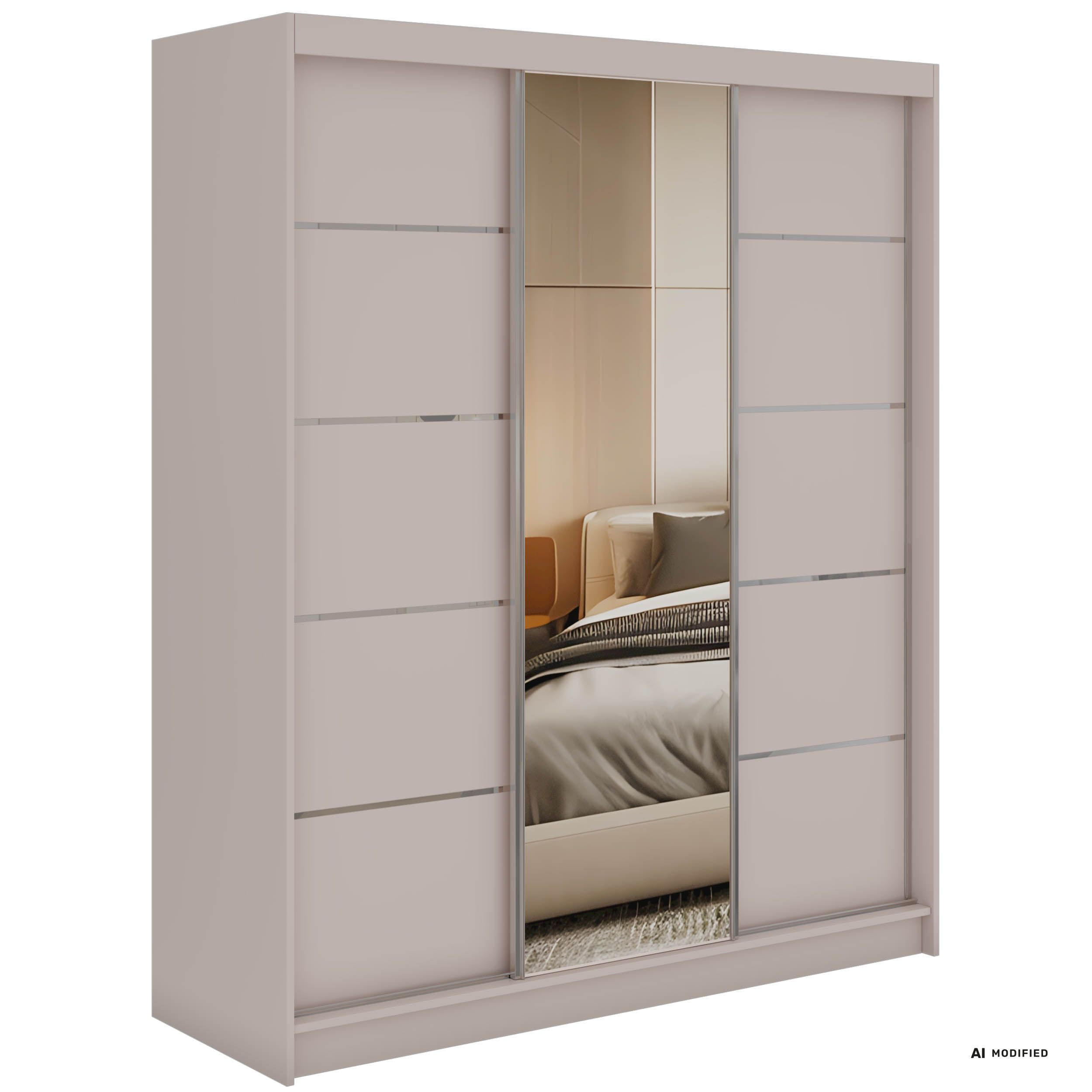 SCHWEBETÜRENSCHRANK mit Schubladen 180 - SKORIA - Kaschmir mit Spiegel - Kaschmir/Alufarben, Holzwerkstoff/Metall (180/216/61cm) - MKS