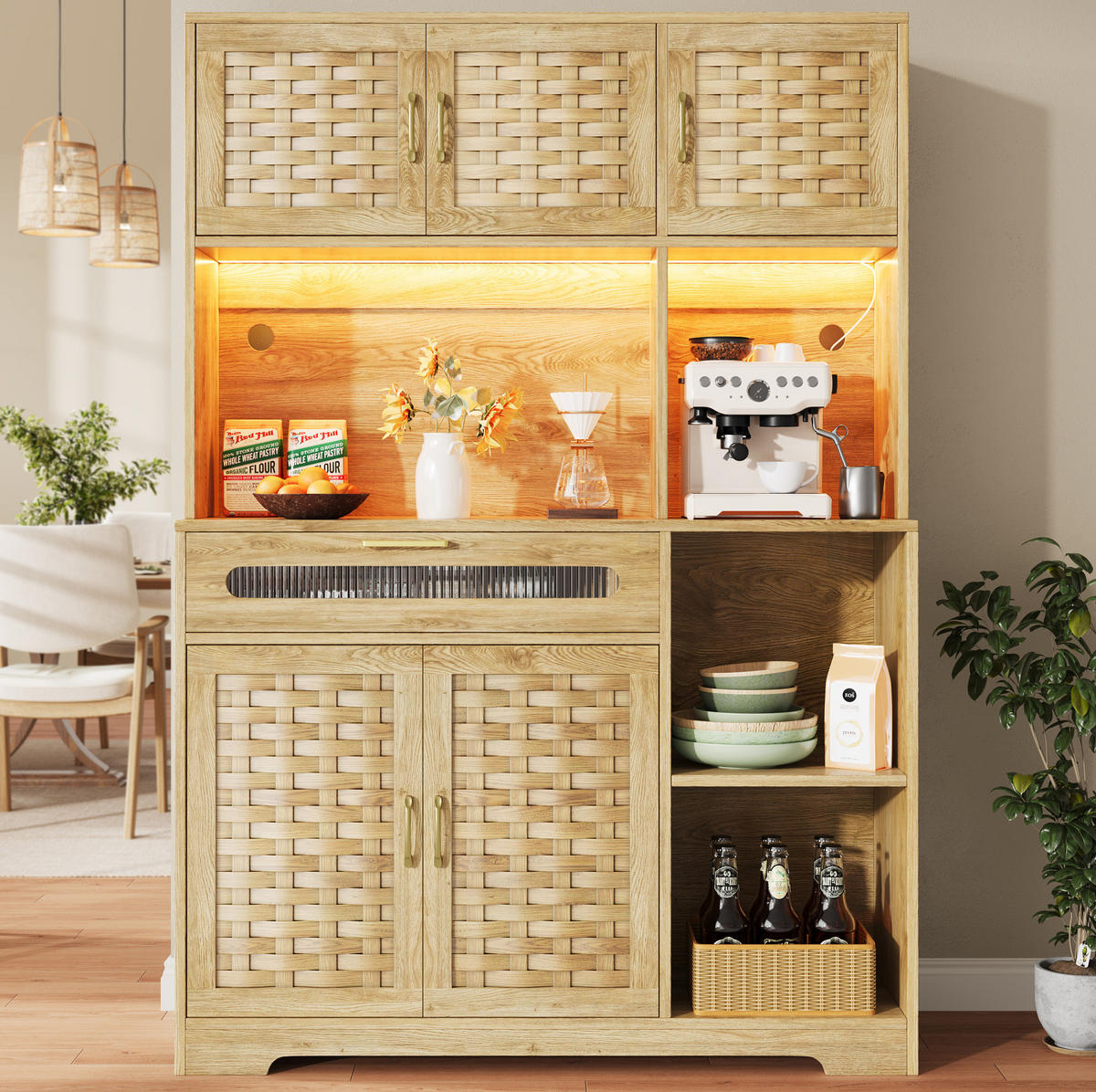 HOCHSCHRANK in MDF-Holzoptik mit geflochtenen Glasfronten, LED-App-Steuerung und USB, 120/40/180 cm, Naturfarben - Naturfarben, Holzwerkstoff (120/180/40cm) - Redom