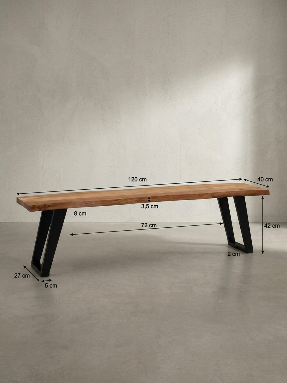 ESSZIMMERBANK Massivholz Metall Baumkante U-Beine, Akazie 120x40x46 cm - Schwarz/Braun, Holz/Metall (120/46/40cm) - KADIMA DESIGN