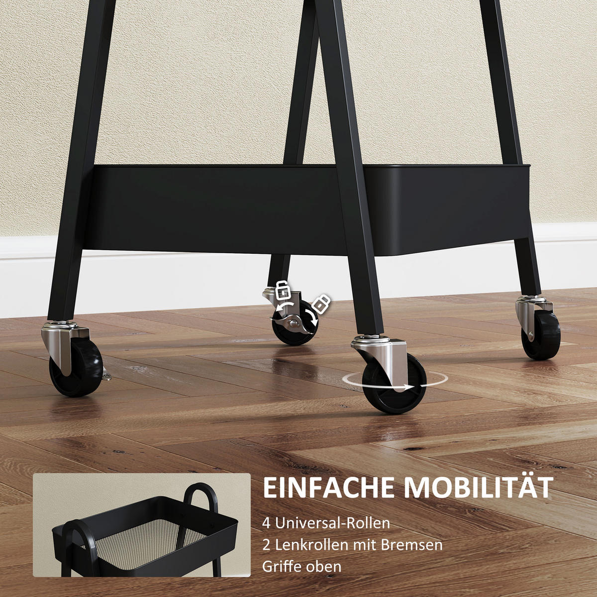 SERVIERWAGEN mit 3 Ebenen Küchenwagen mit Rollen Griff Rollwagen, Schwarz - Schwarz, Metall (42.4/74.5/29.8cm) - HOMCOM