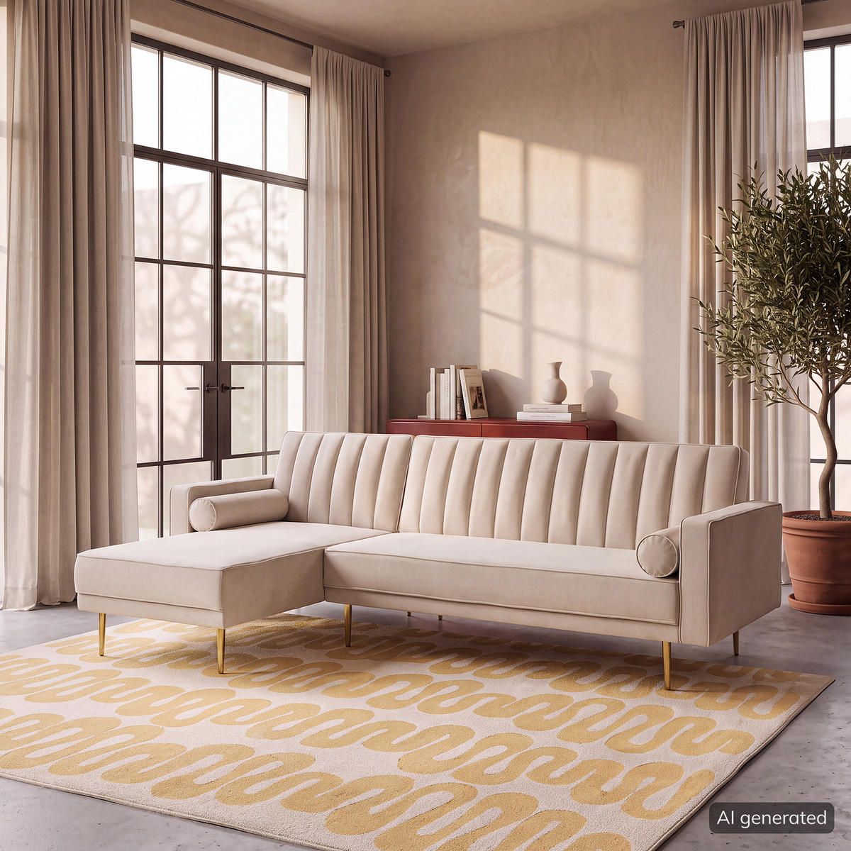ECKSOFA mit Schlaffunktion - Beige/Goldfarben, Textil/Metall (223/144cm) - home24