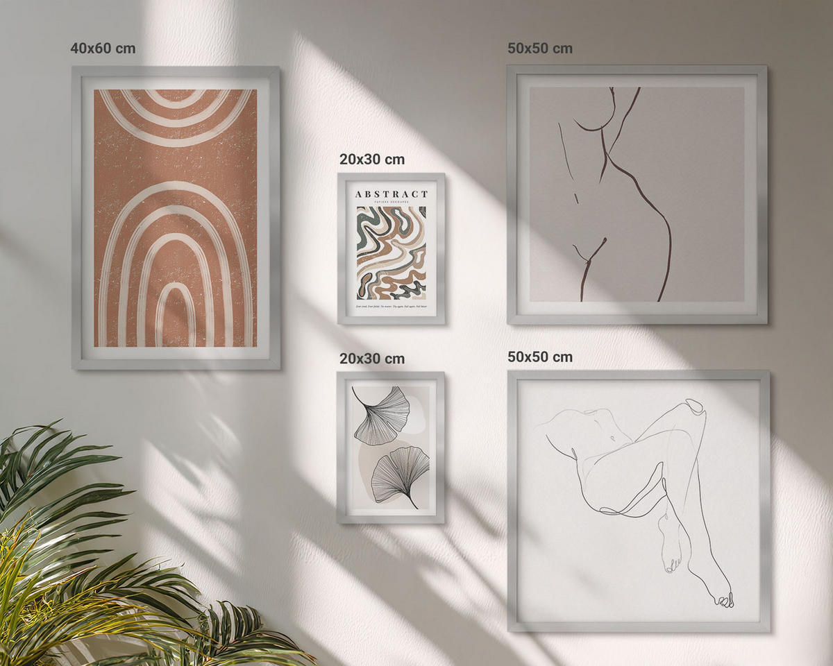 BILDER SET 5er Set - 50x50 cm & 20x30 cm & 40x60 cm Silberner Rahmen - Abstrakte Boho-Blattformen - Silberfarben, Kunststoff (40/60cm) - TULUP