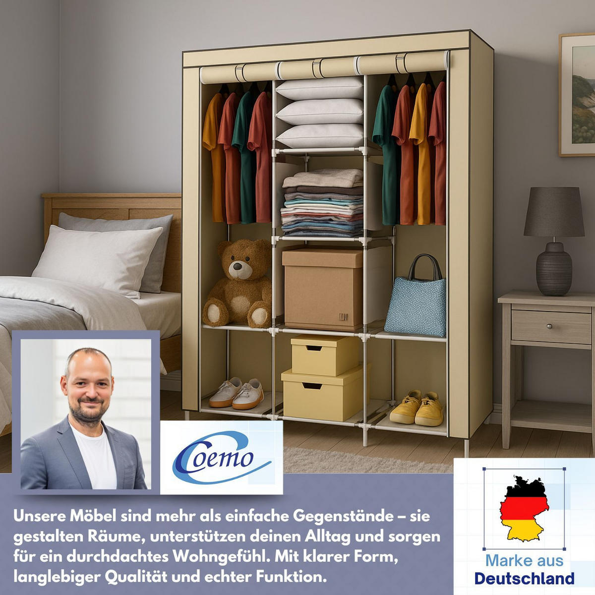 STOFFSCHRANK Kleiderschrank, 2 Kleiderstangen, 130/45/175 cm, Farbe: Beige - Beige, Textil (45/175/130cm) - Coemo