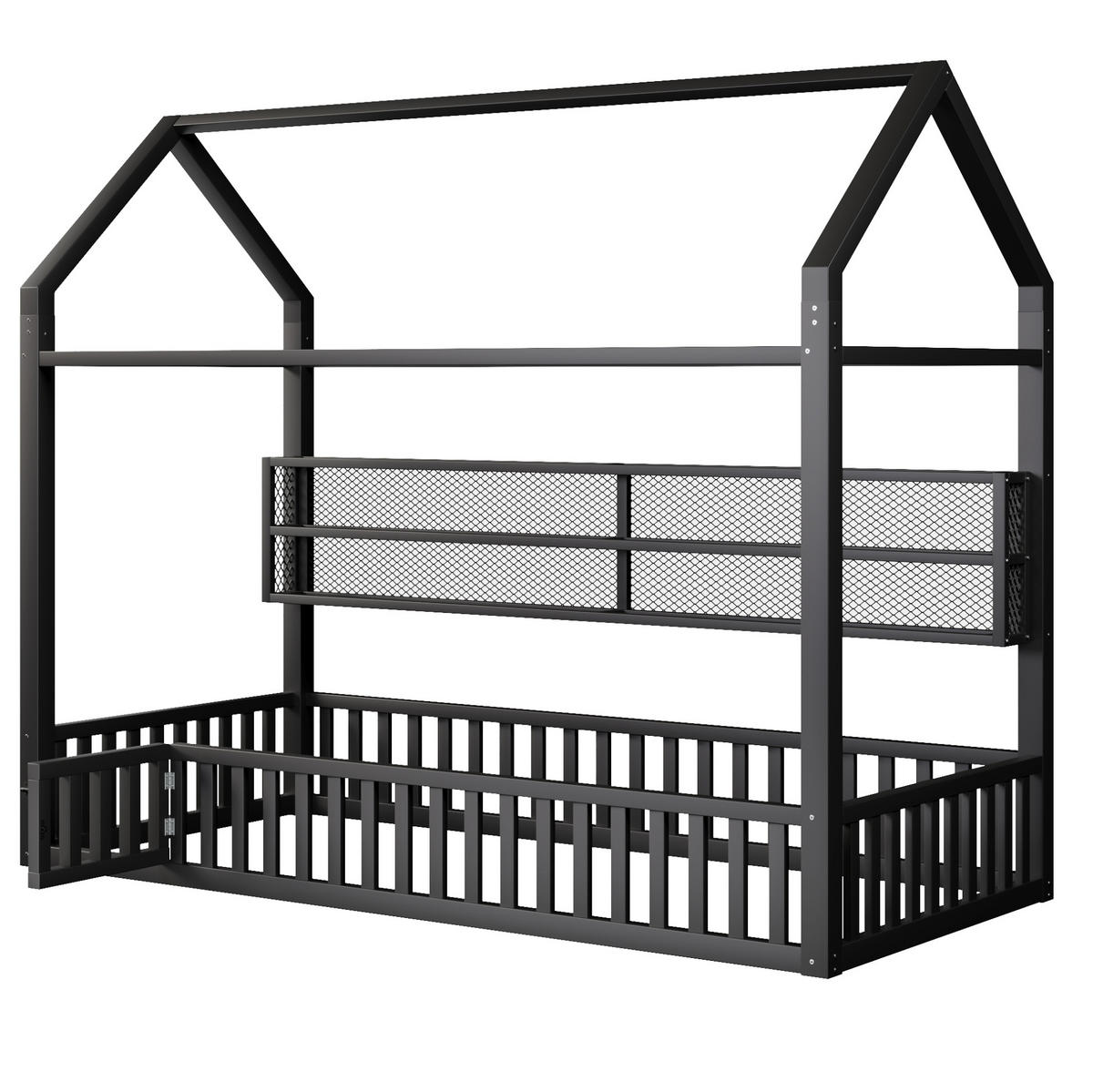 HAUSBETT aus Metall 90x200 cm Schwarz mit Sicherheitszaun, LED-Beleuchtung und Hausdesign - Schwarz, Metall (90/200cm) - Modfu