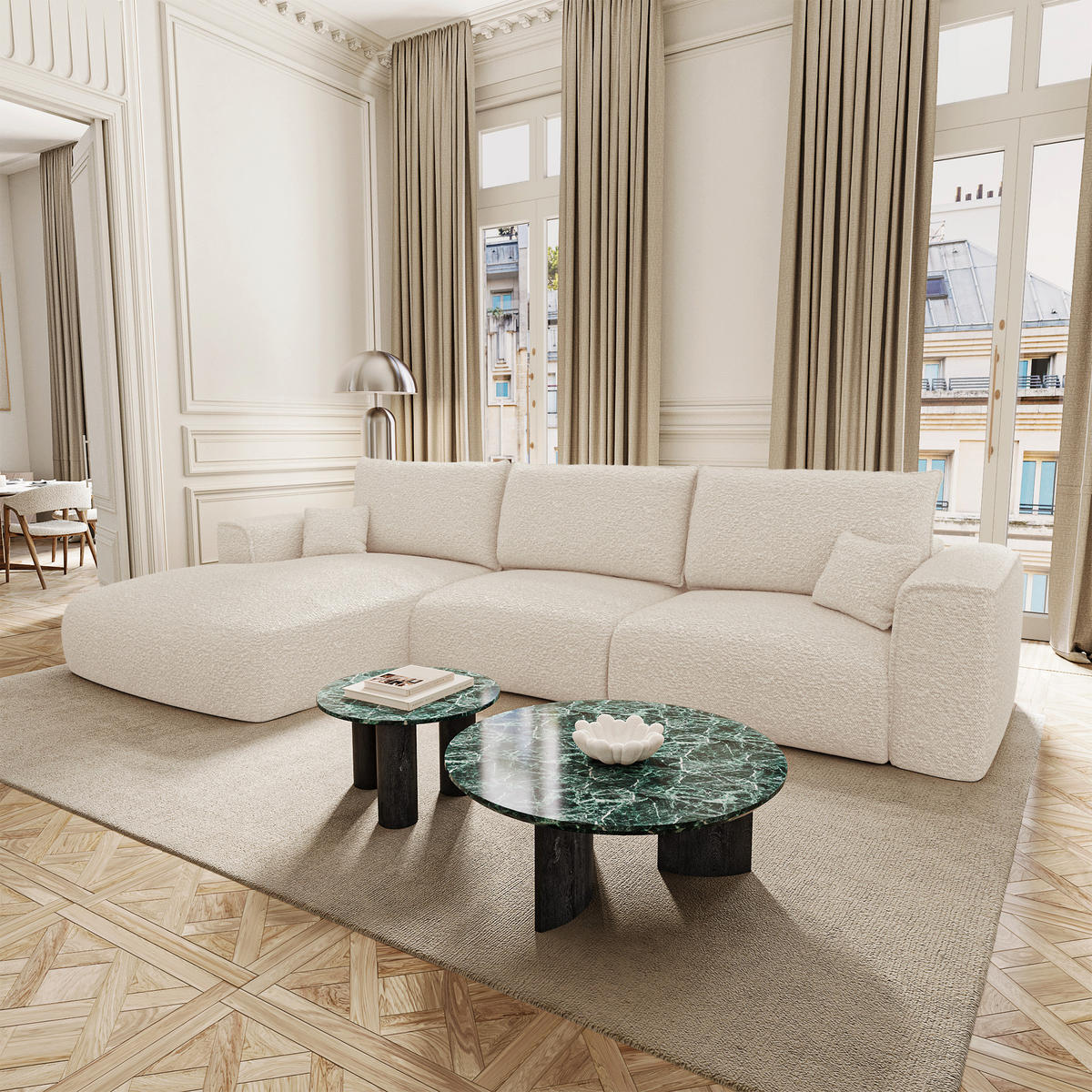 SCHLAFSOFA Express COMO Bouclé-Stoff Creme 300cm - Creme, Textil (300/165cm) - Premium Interiors