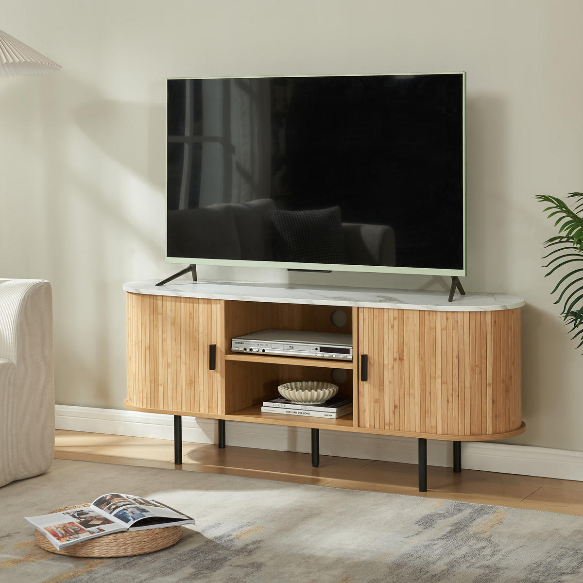 TV-ELEMENT Tvedestrand - Schwarz/Weiß, Holzwerkstoff/Metall (140/55/40cm) - [en.casa]