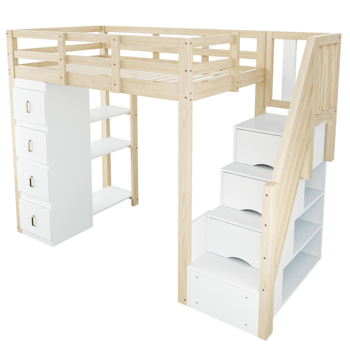 HOCHBETT 90/200 cm in Naturholz mit 4 Schubladen, Regal und Sicherheitsleiter - Weiß/Naturfarben, Holz/Holzwerkstoff (90/200cm) - WISHDOR