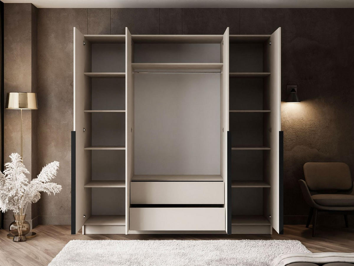 KLEIDERSCHRANK AUREL 4D in KASCHMIR mit Spiegel mit schwarzen Griffen - Kaschmir/Beige, Holzwerkstoff (200/200/57cm) - Lookway