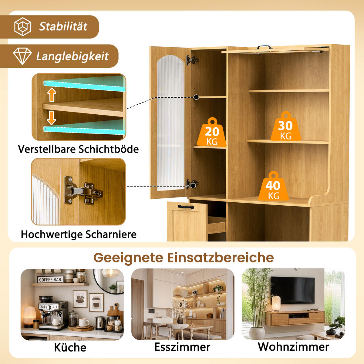 BUFFET Riffelglas Naturfarben 98/40/177 cm - Naturfarben, Holz (98/177/40cm) - PANGIVO