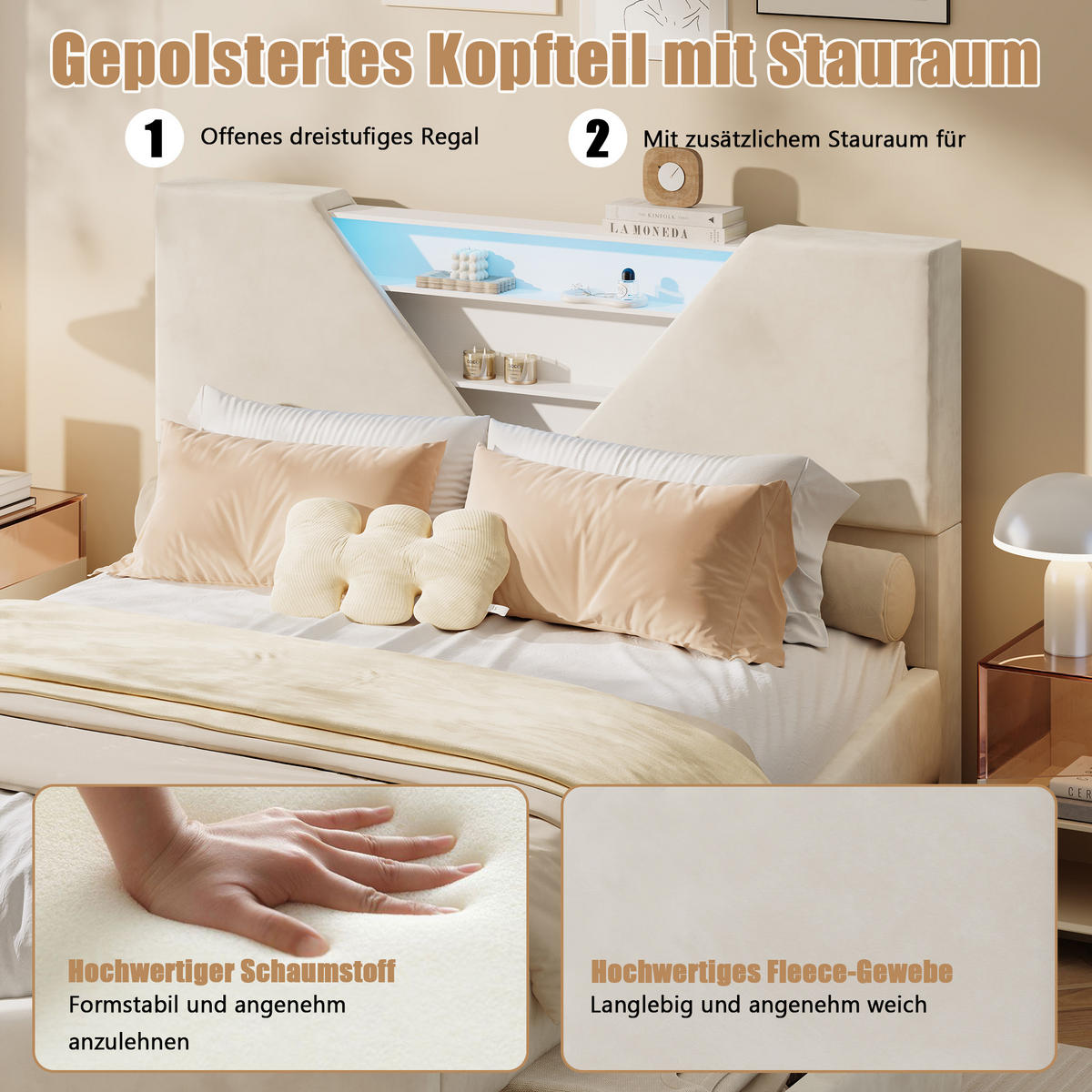 POLSTERBETT 140x190 cm mit 2 Schubladen, LED & USB, Doppelbett mit Kopfteil Stauraum, Beige - Beige, Metall (140/190cm) - EuroLiving