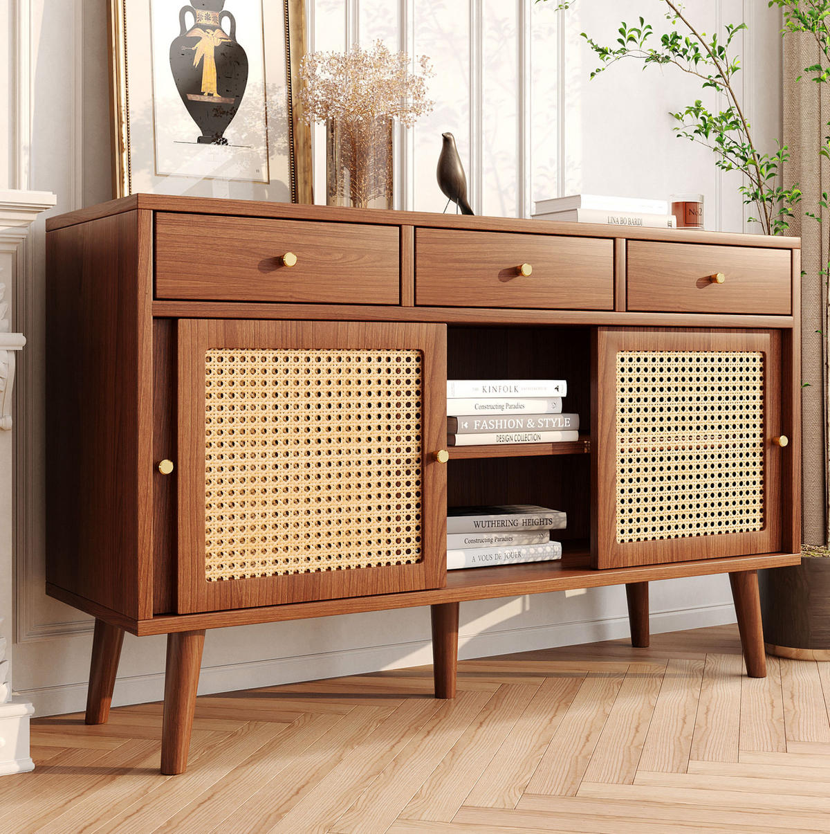KOMMODE aus MDF 120x40x78cm in Walnuss mit 3 Schubladen & 3 Türen - Walnussfarben, Holzwerkstoff (120/78/40cm) - Modfu