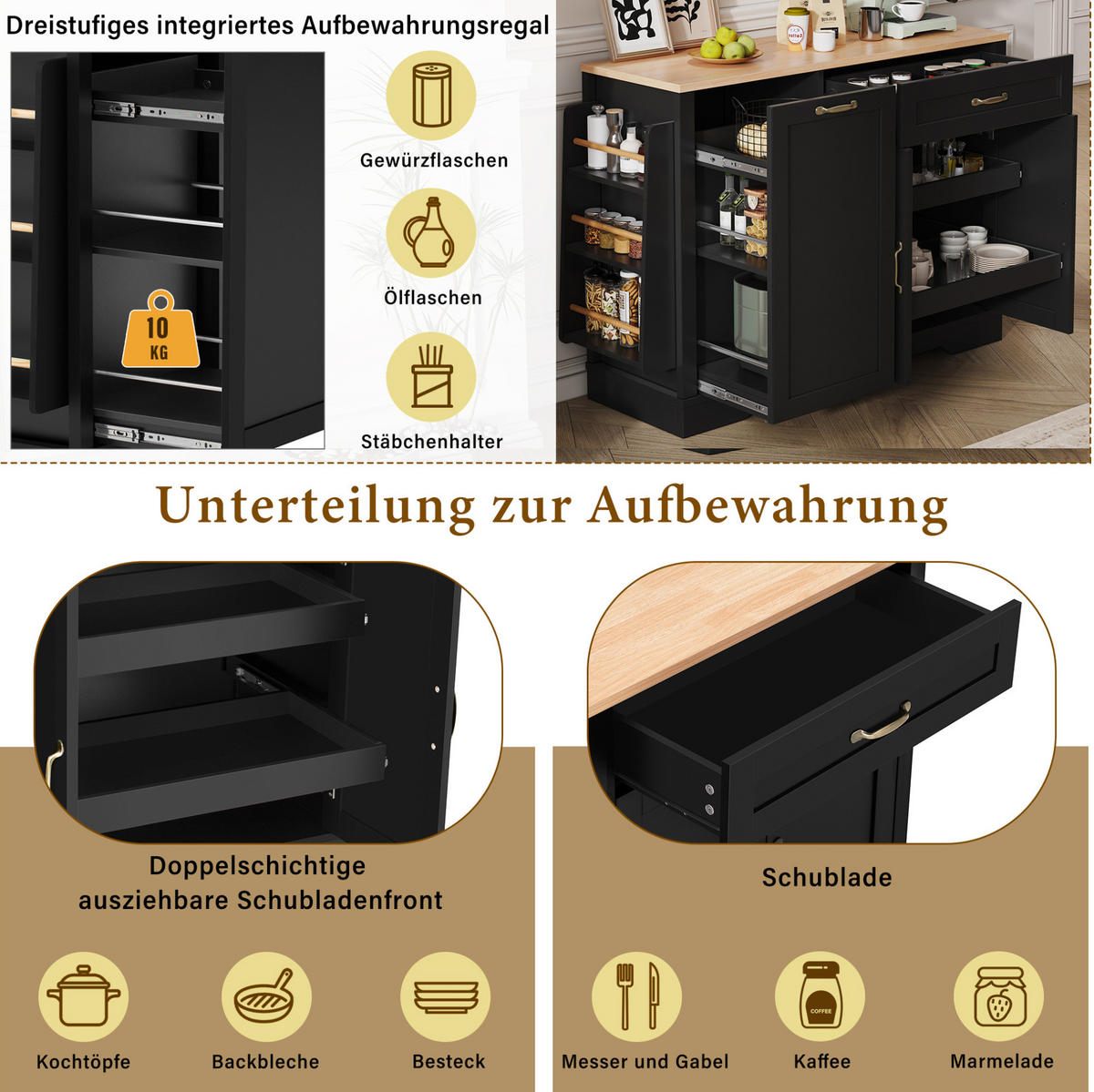 KÜCHENINSEL 115/40/87 cm schwarz mit ausziehbaren Schubladen - Schwarz, Holzwerkstoff (115/87/40cm) - OKWISH