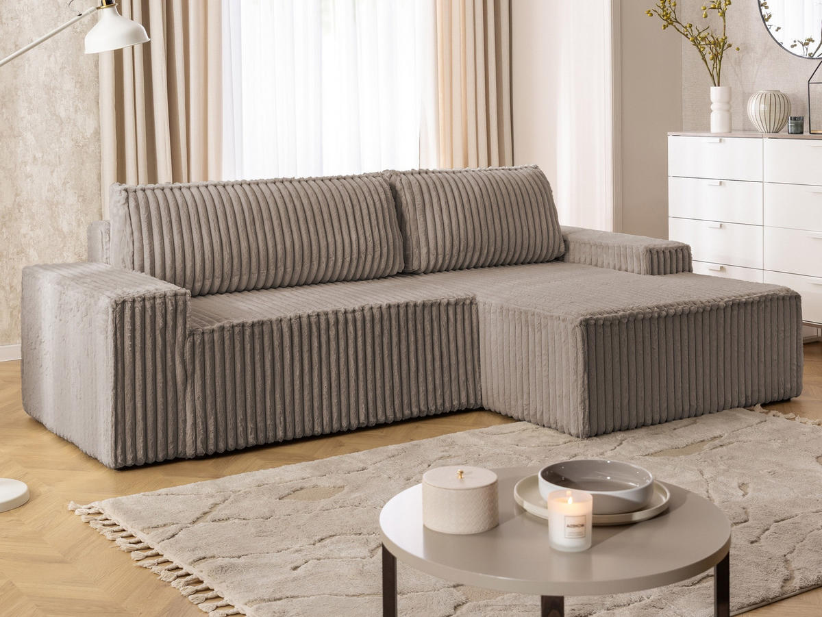 ECKSOFA Rivio mit Schlaffunktion und Bettkasten, Plüschcord Taupe - Taupe/Schwarz, Holz/Kunststoff (262/149cm) - S-Style